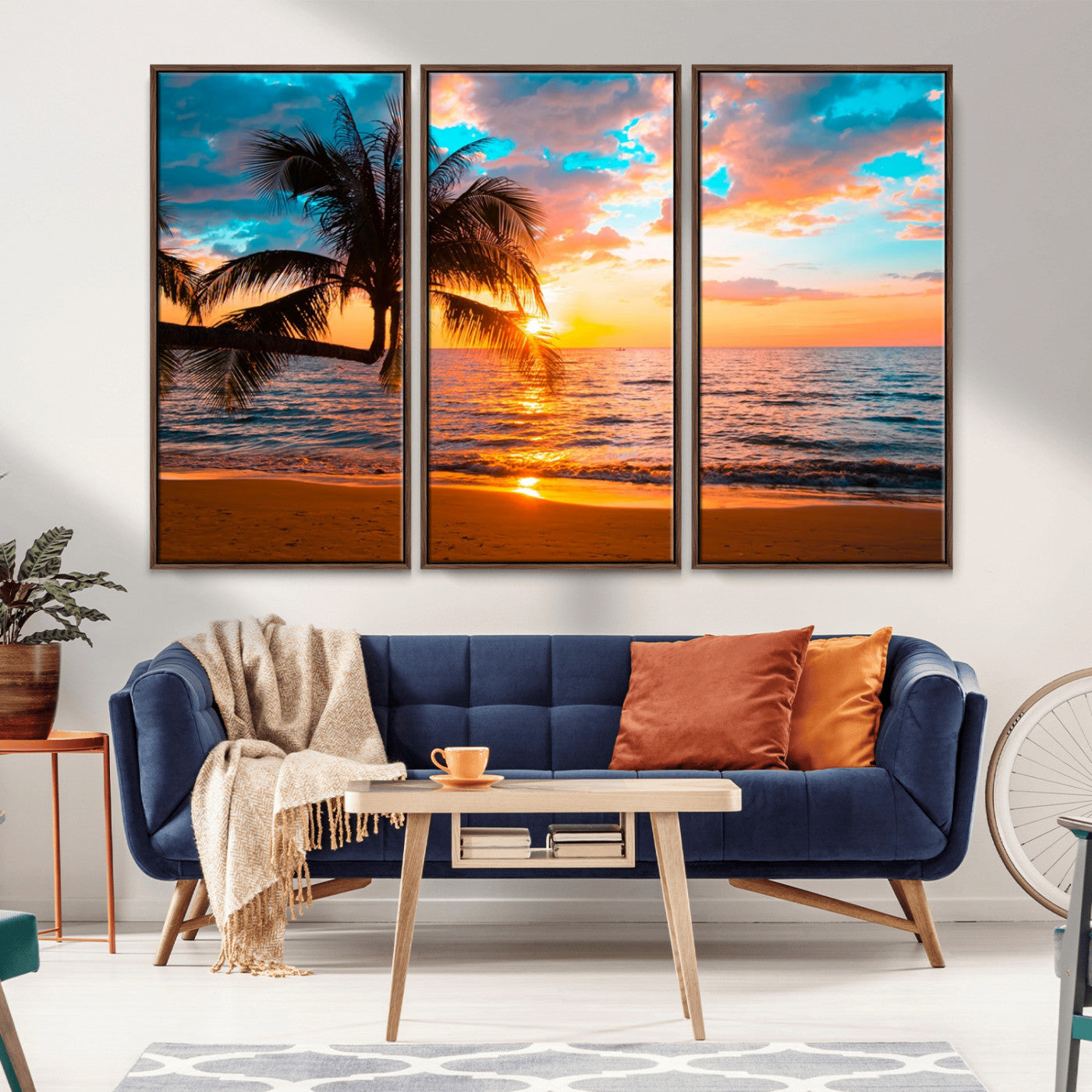 -Palm Tree Sunset On The Beach Wall Art Canvas, Framed Palm Tree Sunset Canvas Print