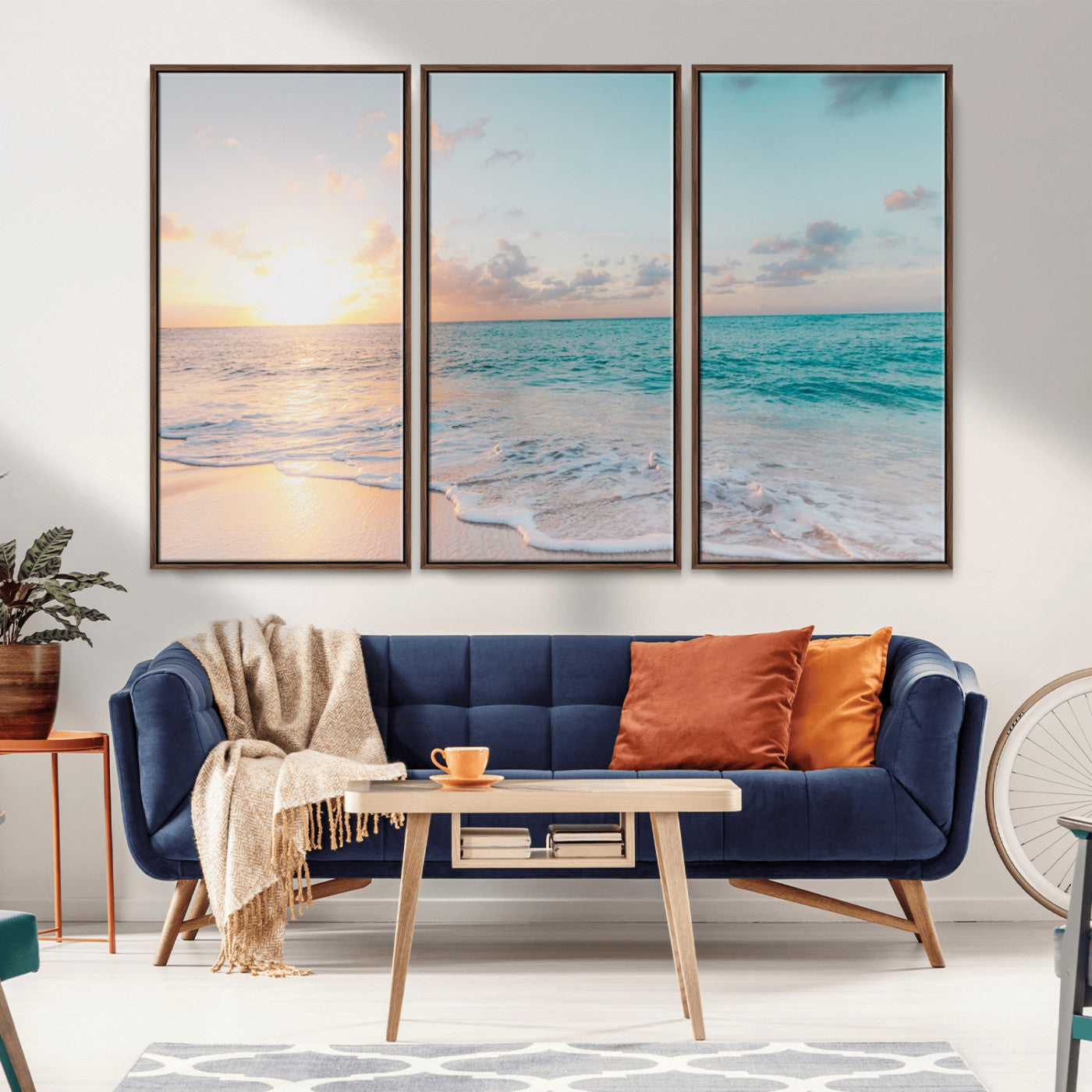 MGV-FC-48X32-3P - Tranquil Ocean Beach Sunset Canvas Wall Art | 3-Panel Coastal Decor