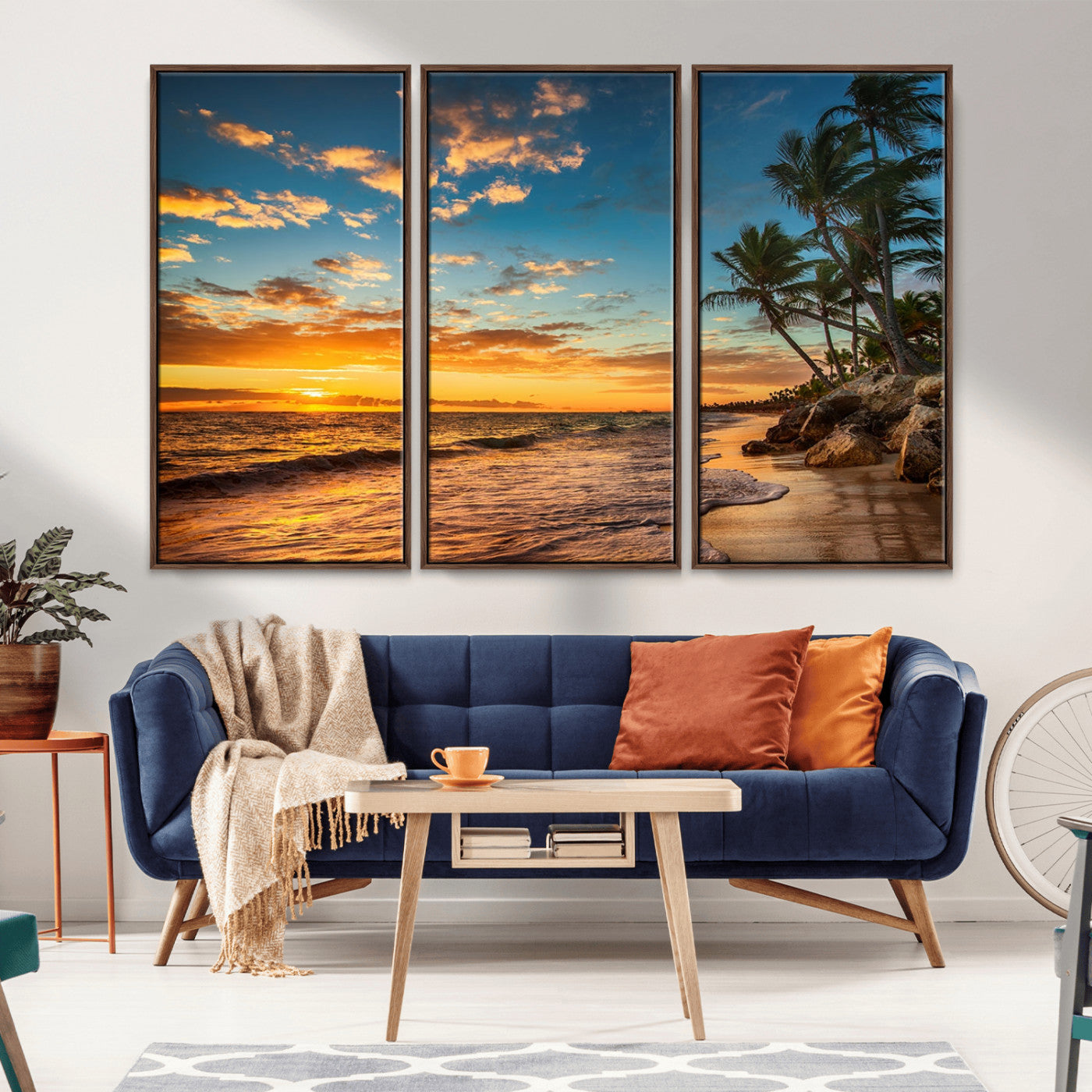 MGV-FC-48X32-3P - Tropical Beach Sunset Wall Art Print – Palm Tree Coastal Canvas Print – Ocean Seascape Artwork – Perfect for Tropical Modern Home Decor