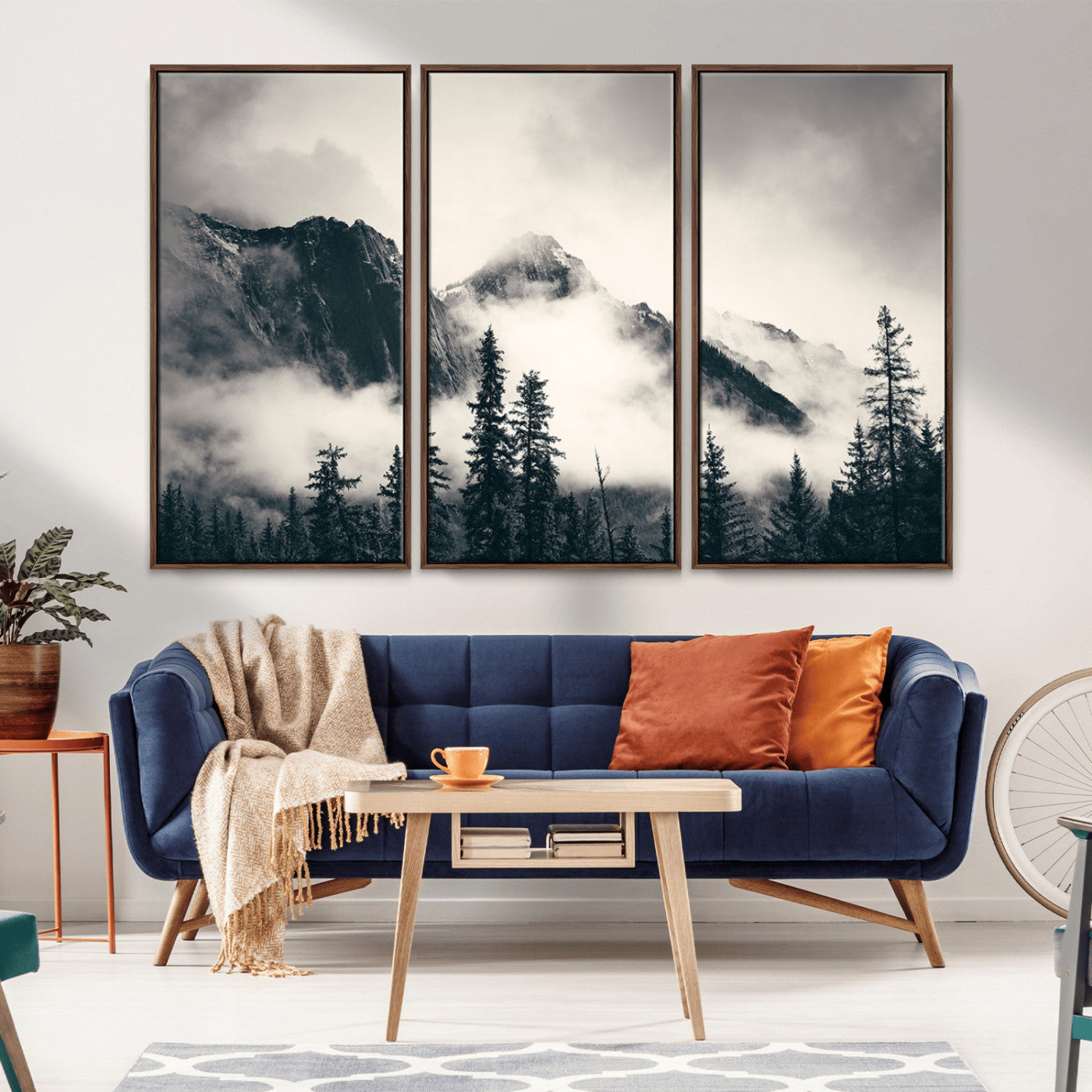 MGV-FC-48X32-3P - Large Foggy Mountain Forest Wall Art Canvas Print | Misty Mountain Peaks and Pine Trees Print | Framed Gallery Wrap | Rustic Nature Farmhouse Decor
