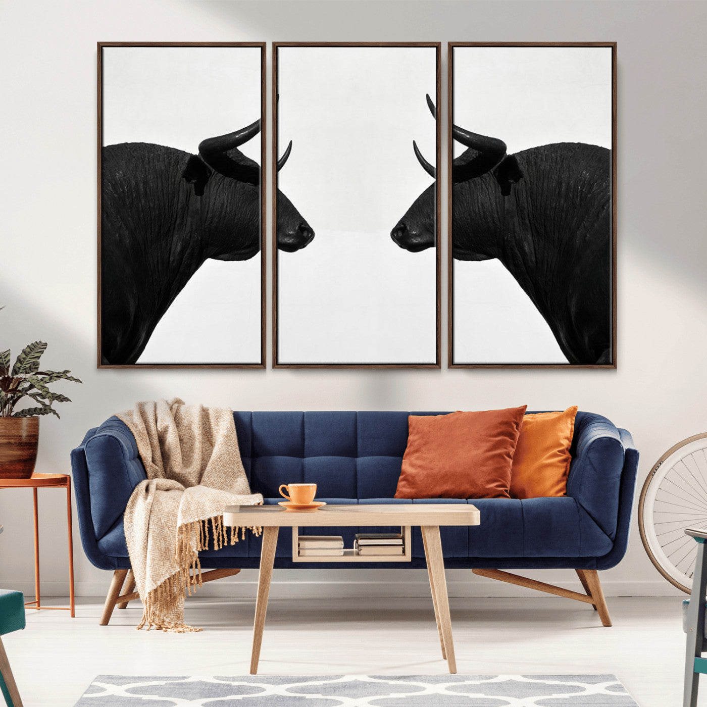 -Spanish Bull Art - Framed Black and White Bull Canvas Print for Modern Rustic Home or Office Decor