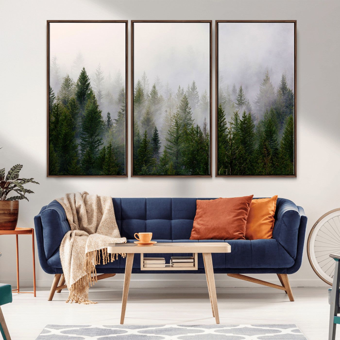 MGV-FC-48X32-3P - Misty Pine Forest Wall Art Canvas Print | 3 Panel Green Woodland Canvas Print for Living Room, Office, or Dining Room | Nature Foggy Forest Decor