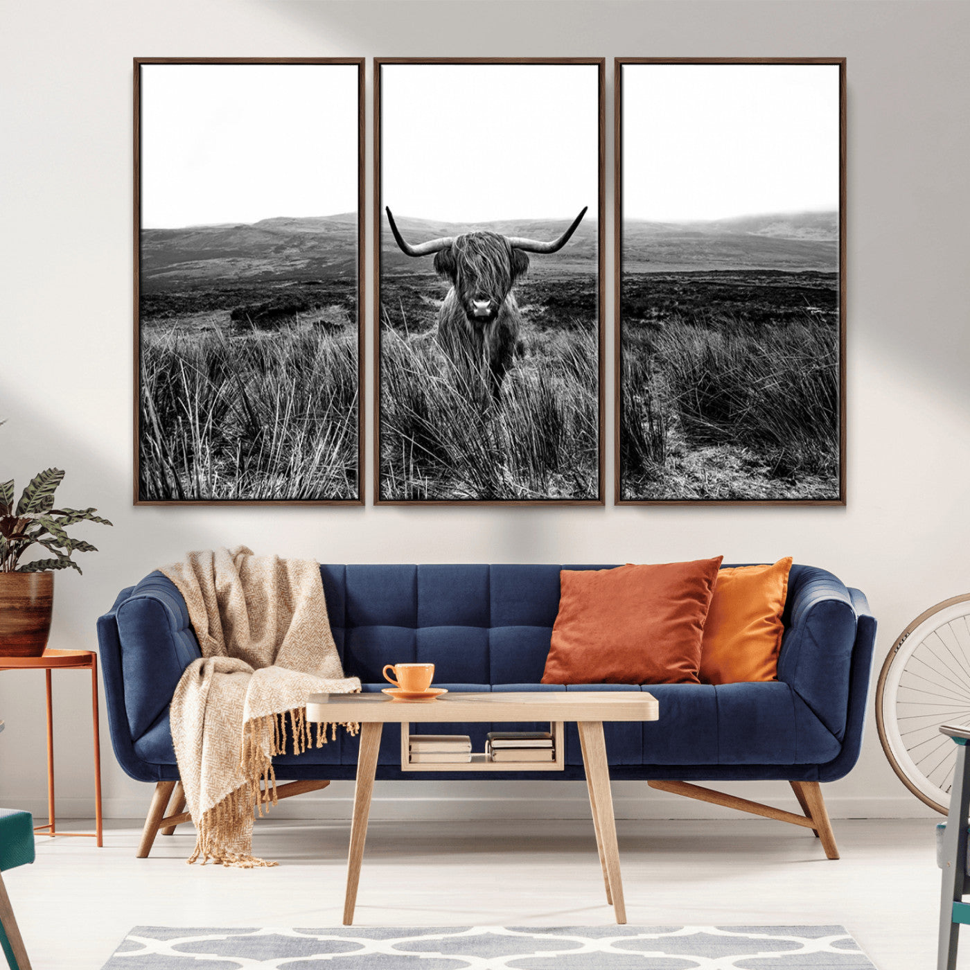 MGV-FC-48X32-3P - Black and White Highland Cow Canvas Wall Art, Longhorn Triptych Western Wall Decor for Cabin -