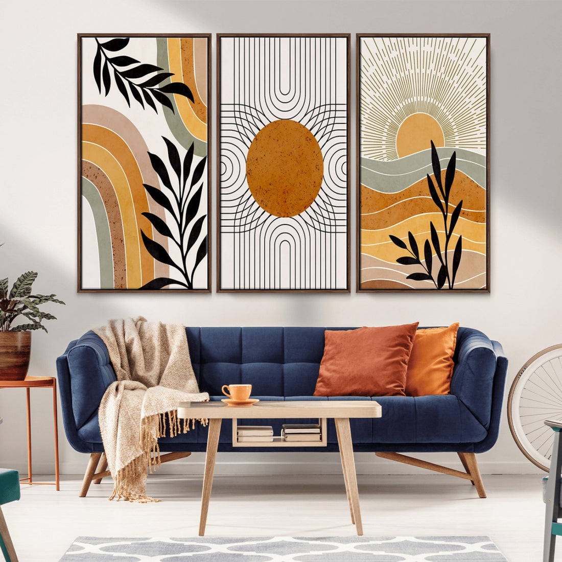 Modern Boho Sun and Leaf Abstract Art | 3 Panel Giclee Canvas for Mid Century Modern or Bohemian Decor