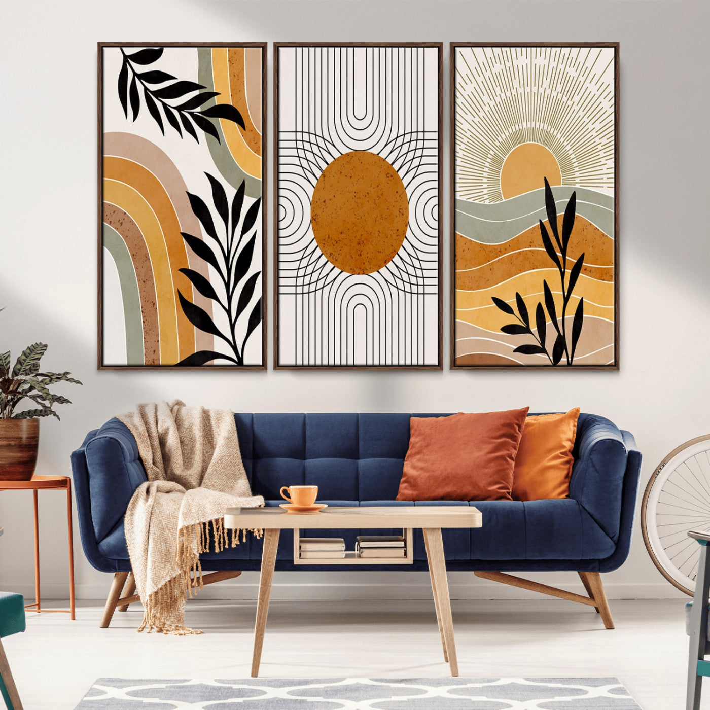 MGV-FC-48X32-3P - Modern Boho Sun and Leaf Abstract Art – 3-Panel Giclée Canvas for Mid-Century Modern or Bohemian