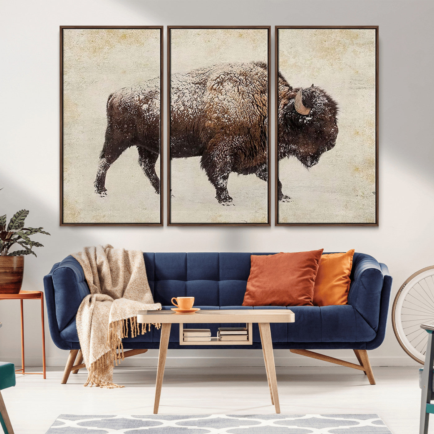MGV-FC-48X32-3P - Buffalo Wall Art, Western Bison Canvas Print, Rustic Buffalo Art for Cowboy Western Decor, Large Multi-Panel Giclee Canvas for Farmhouse Wall Decor