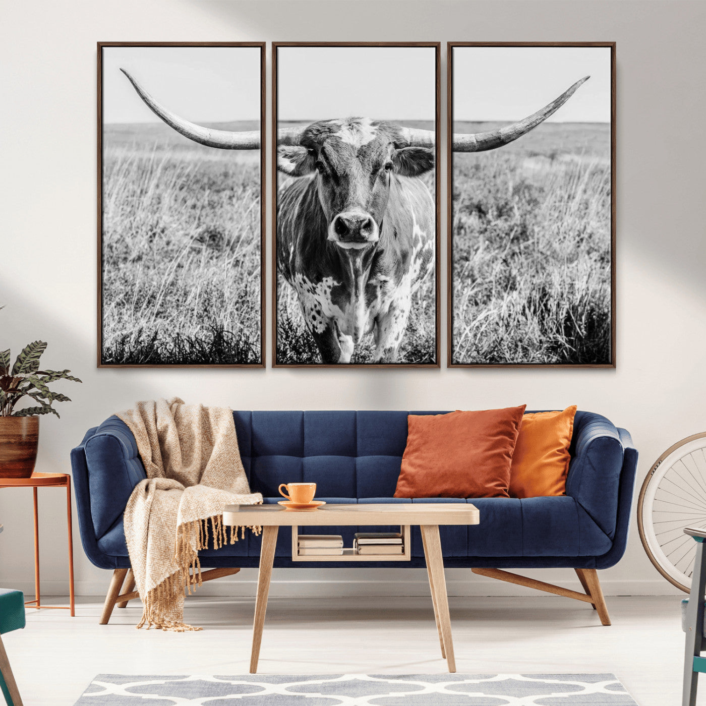 MGV-FC-48X32-3P - Texas Cow Longhorn Wall Art Canvas Print for Farm House Wall Decor, Farmhouse Wall Art Print