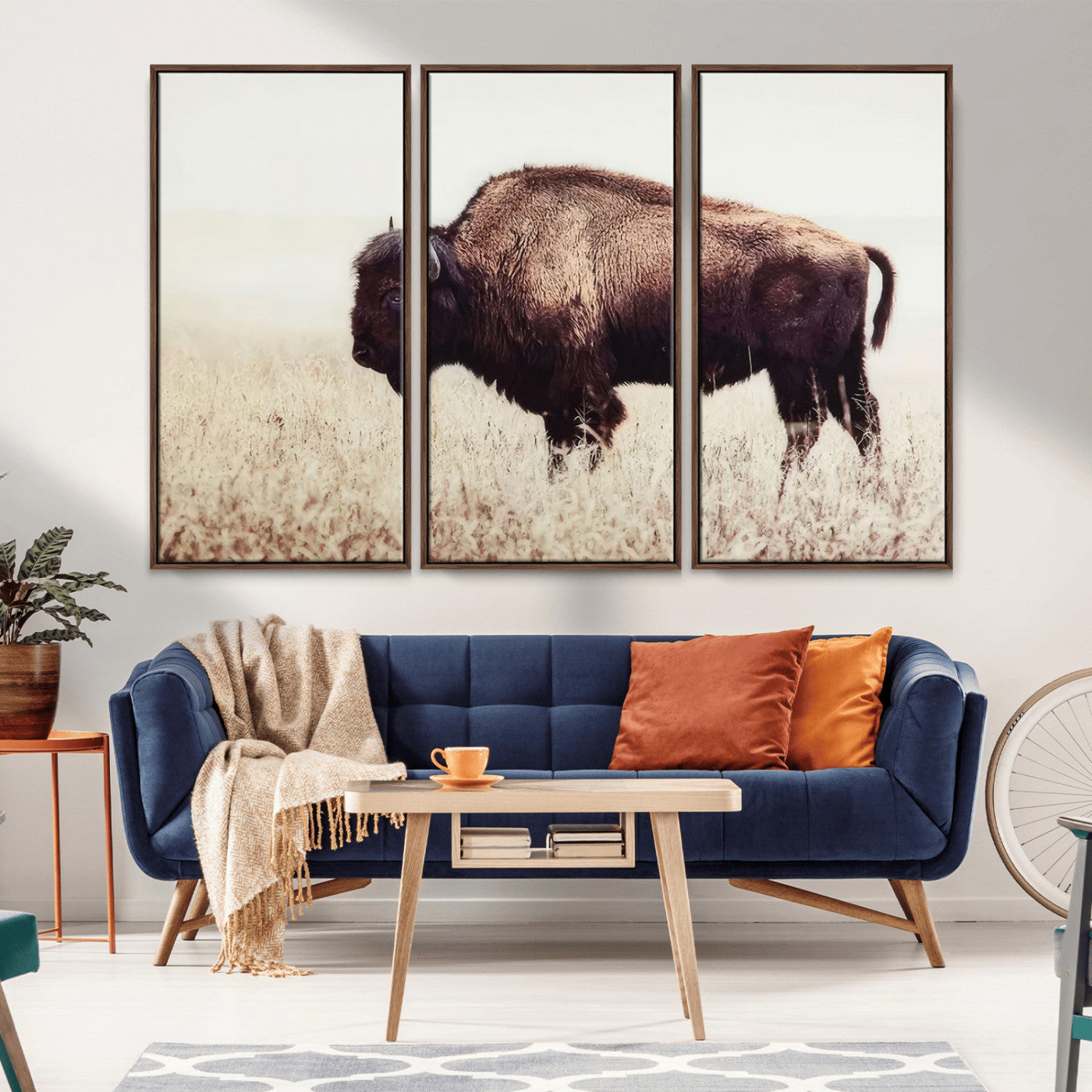 MGV-FC-48X32-3P - Bison in Field Wall Art Canvas Print For Farmhouse Barn Decor