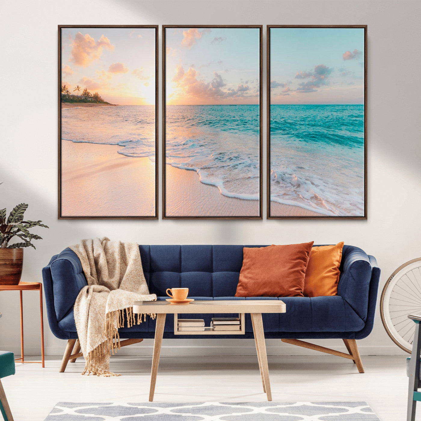 MGV-FC-48X32-3P - Beach Sunrise Wall Art, Coastal Seascape Canvas Print, Ocean Wave Multi-Panel Giclee, Coastal Sunset Beach Scene for Modern Decor