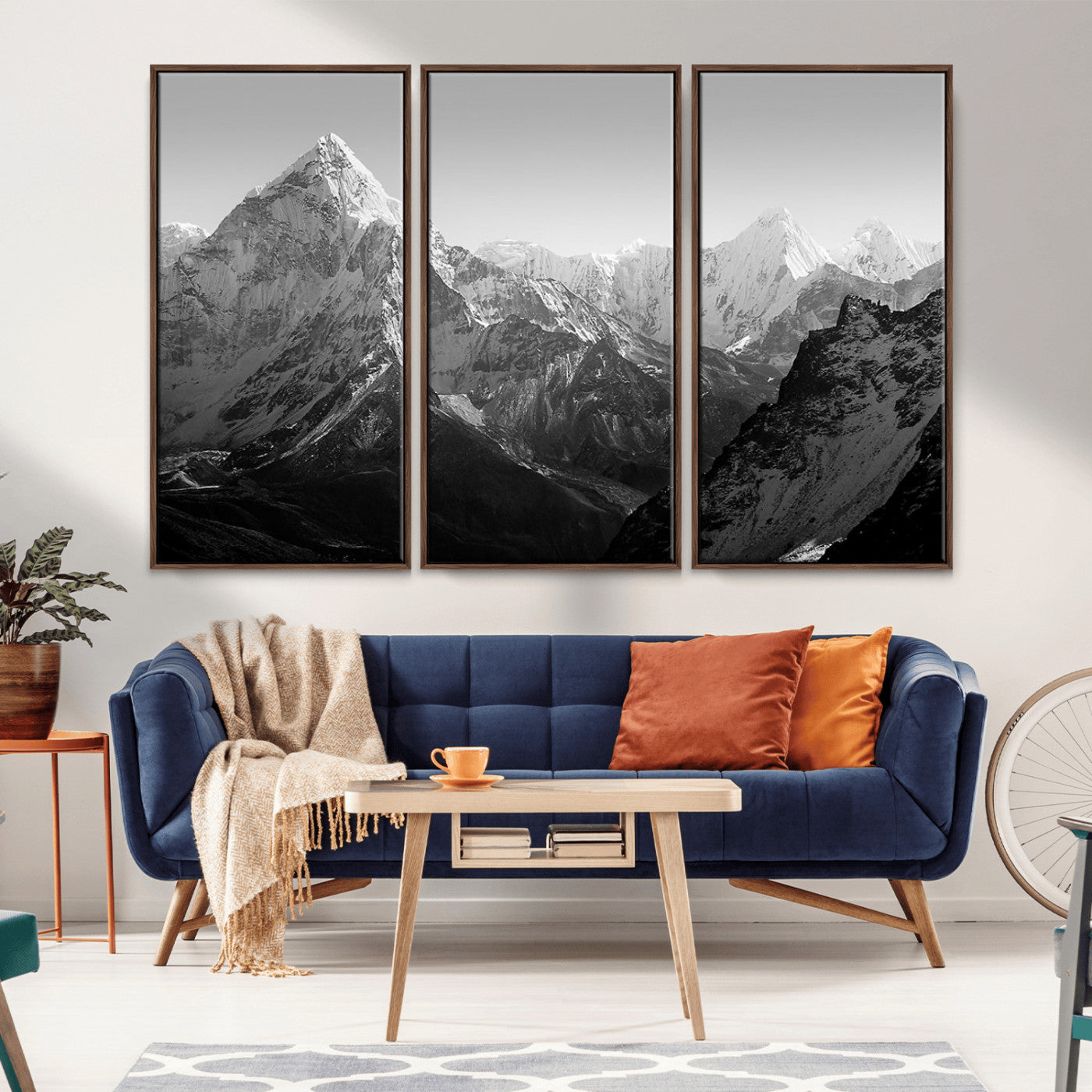 MGV-FC-48X32-3P - Everest Himalaya Mountain Peaks Black & White Triptych Canvas Art – Mountain Wall Decor for Minimalist Interiors