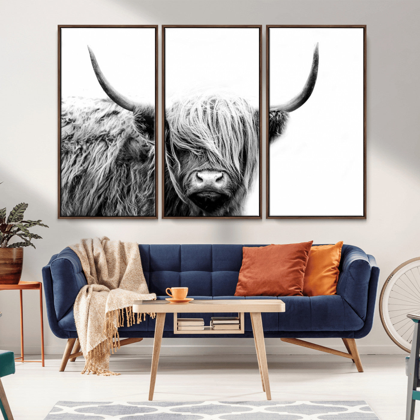MGV-FC-48X32-3P - Black White Scottish Highland Cow Cattle Art Print Farmhouse Wall Art Canvas Print