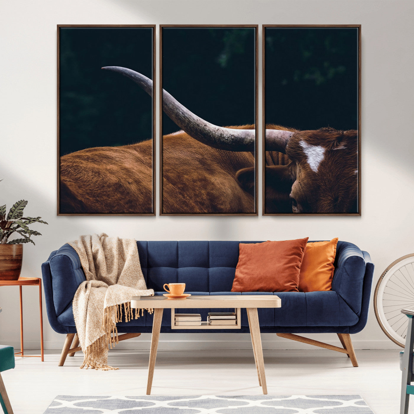 MGV-FC-48X32-3P - Texas Longhorn Bull Wall Art Canvas Print - Large Framed Canvas Wall Art, Animal Print for Rustic Home or Office Décor, Farmhouse Cabin Wall Decor