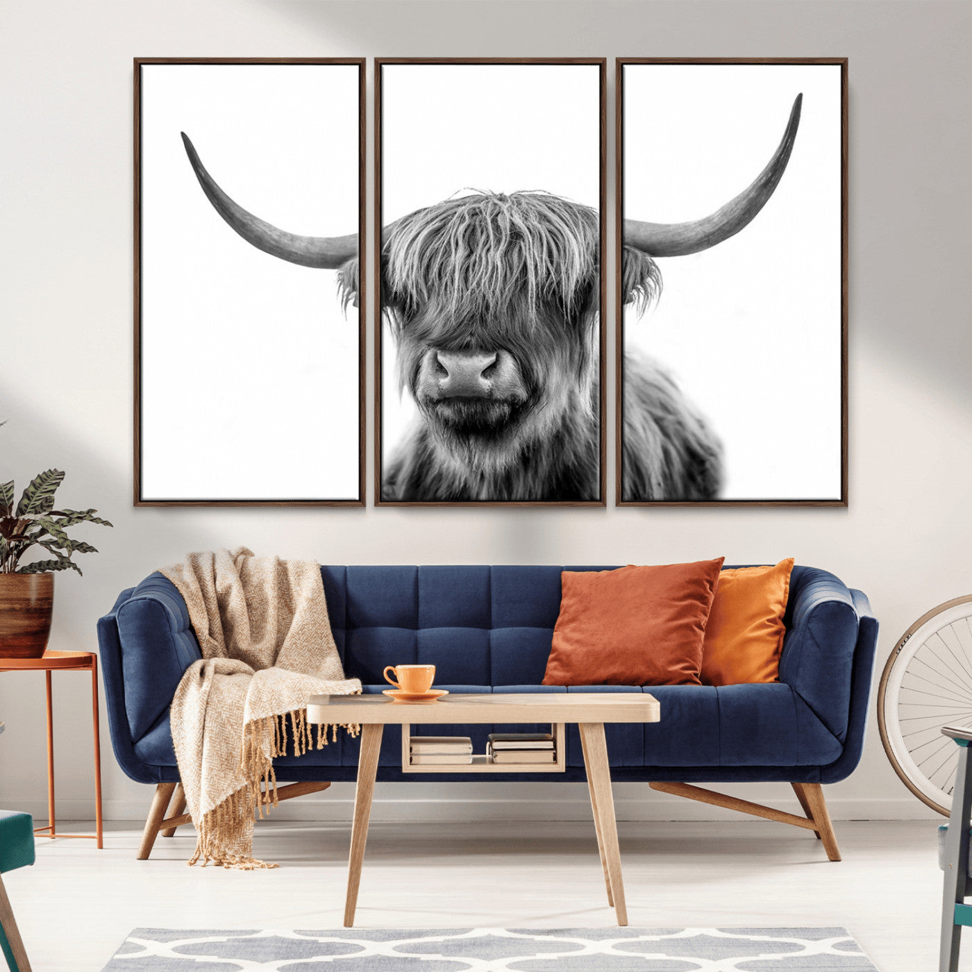 MGV-FC-48X32-3P - Grayscale Scottish Highland Cow Cattle Art Print Farmhouse Wall Art Canvas Print