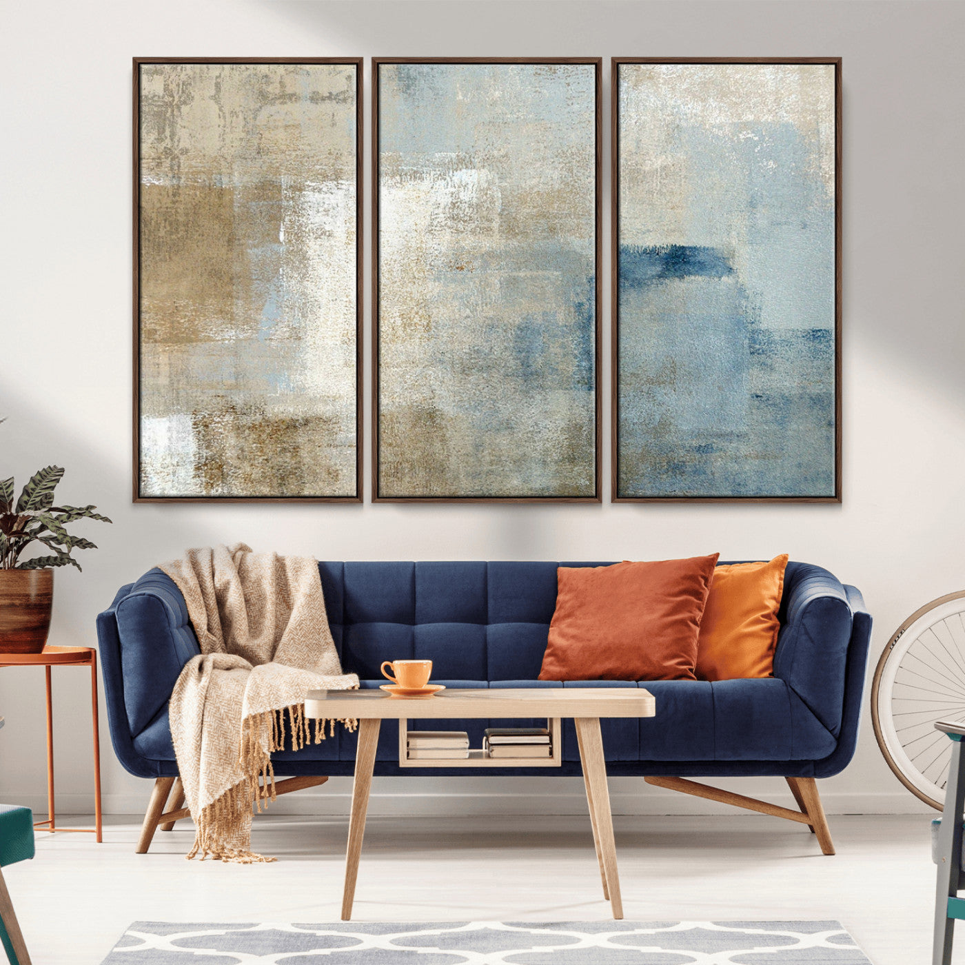 MGV-FC-48X32-3P - Abstract Blue and Beige Wall Art, Modern Minimalist Canvas Print Set, Giclee Textured Art, Large Multi-Panel Artwork for Living Room