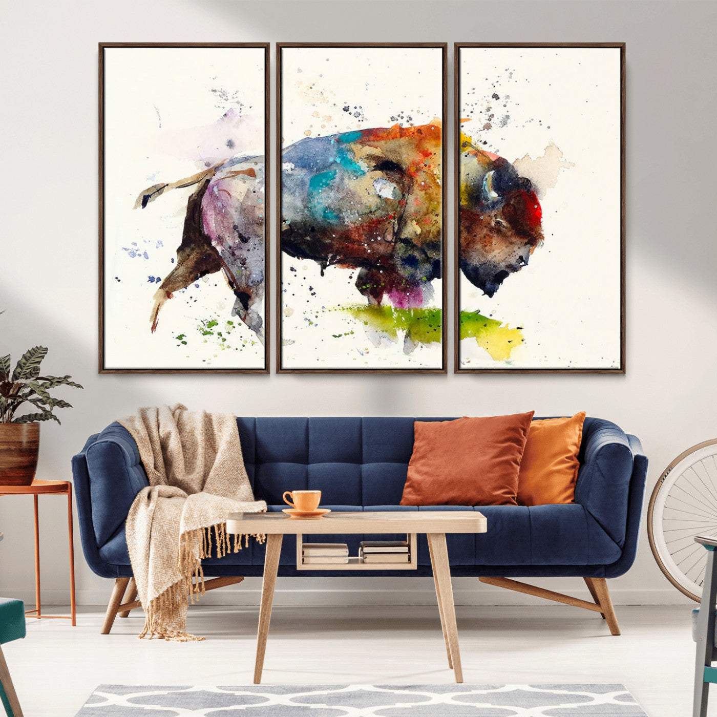 MGV-FC-48X32-3P - Abstract Buffalo Wall Art, Western Watercolor Bison Canvas Print, Rustic Buffalo Art for Cowboy and Western Decor, Large Multi-Panel Giclee Canvas