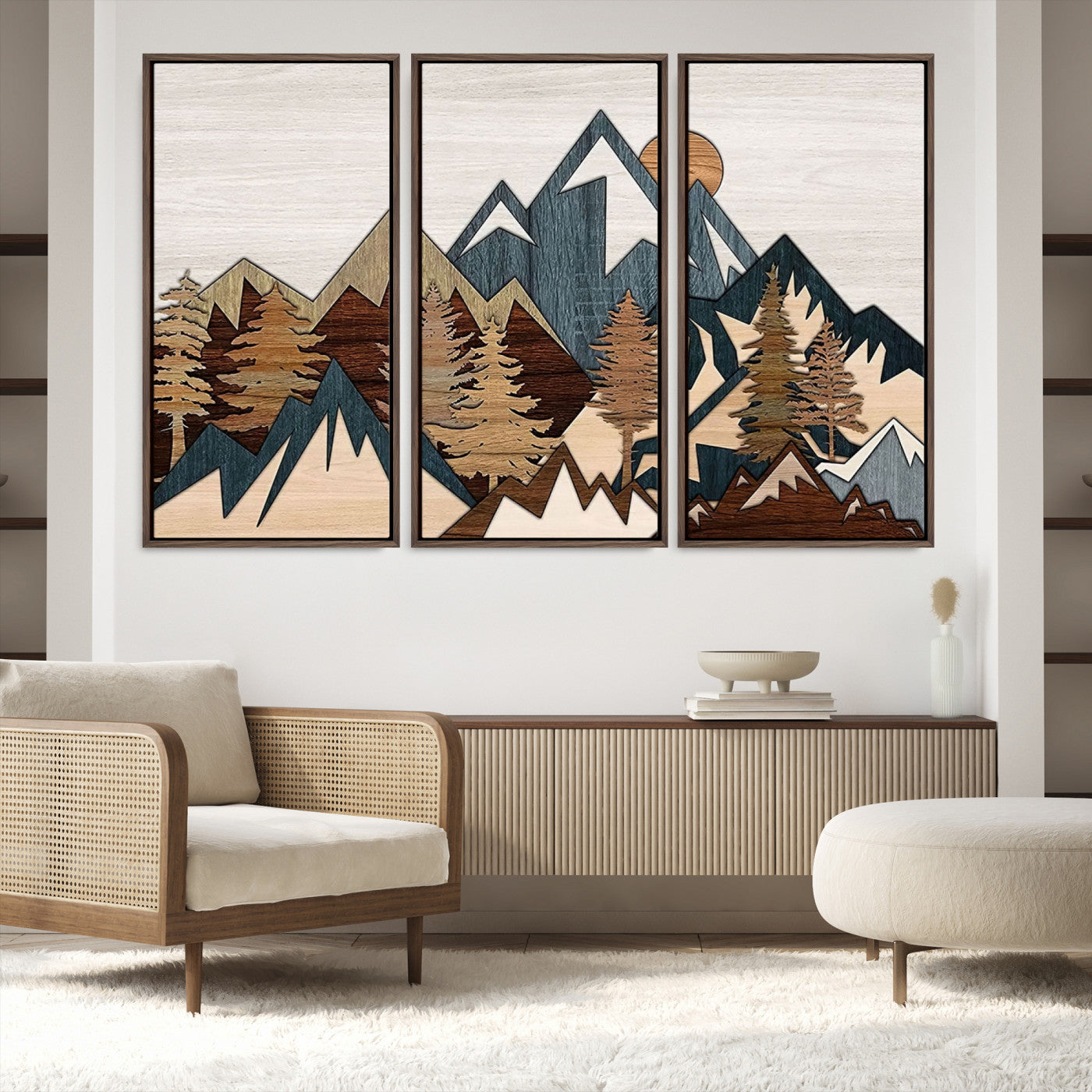 67950-MGV-FC-48X32-3P_Walnut-Rustic Abstract Wood Panel Effect Canvas Mountain Range Top Wood Wall Art Canvas Print