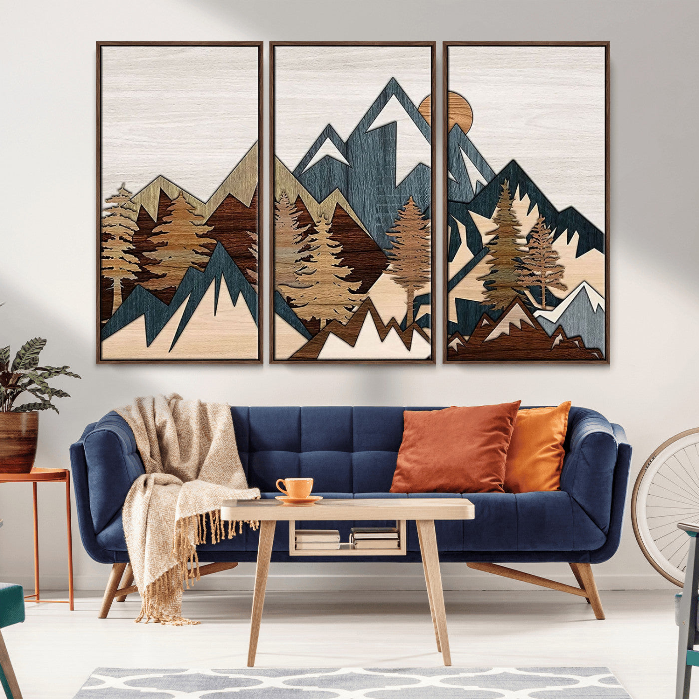 MGV-FC-48X32-3P - Rustic Abstract Wood Panel Effect Canvas Mountain Range Top Wood Wall Art Canvas Print