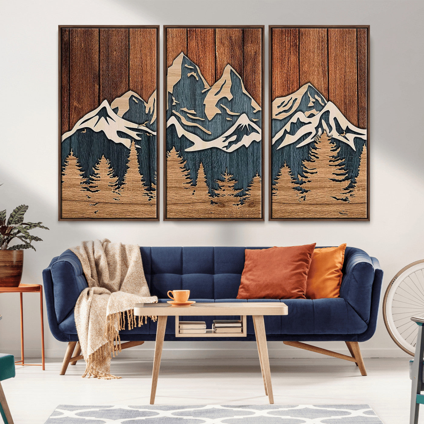 MGV-FC-48X32-3P - Rustic Wood Style Mountain Wall Art, Nature Forest Canvas Print, Wooden Textured Mountain Artwork, Handcrafted Landscape Decor for Farmhouse Decor