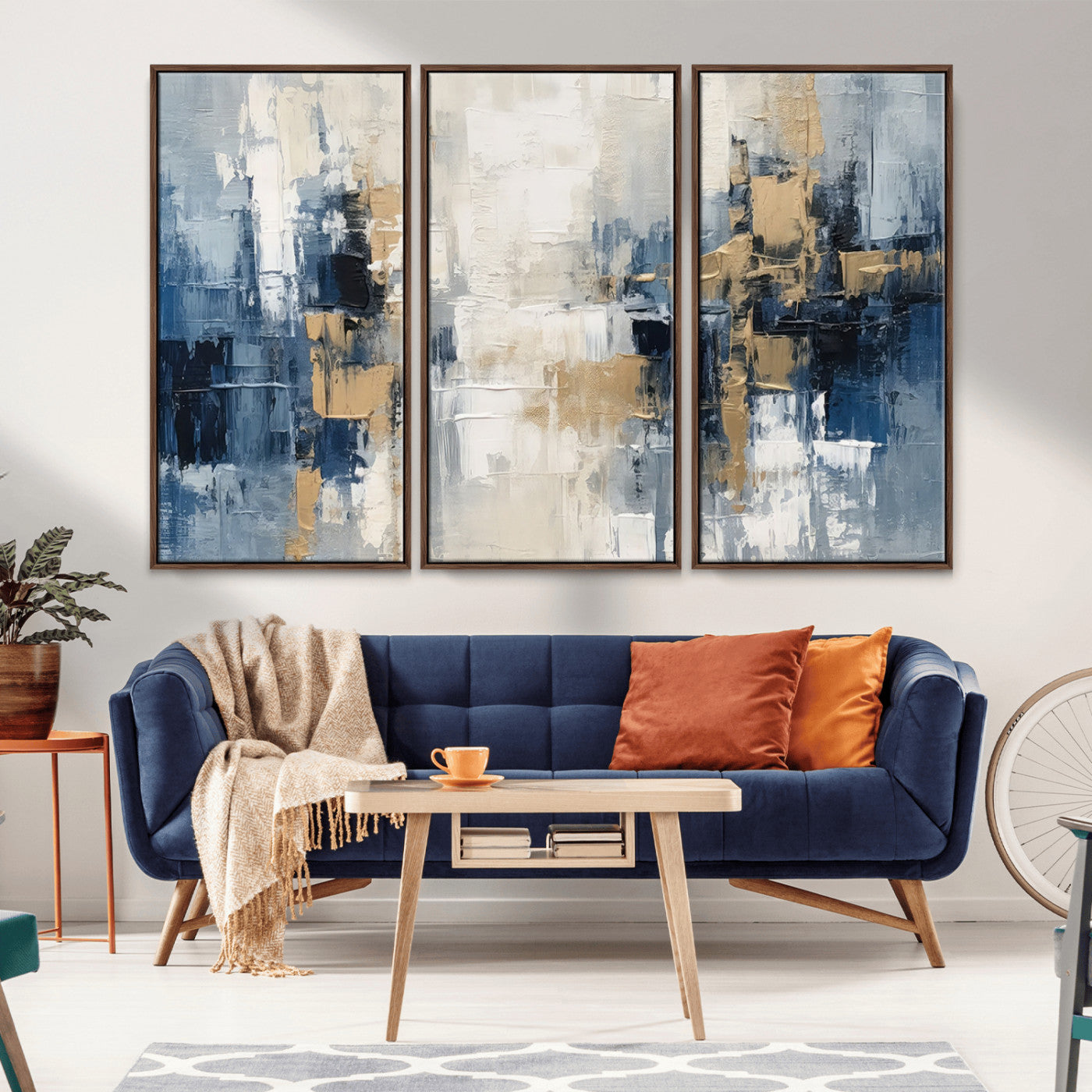 -Modern Abstract Canvas Wall Art in Blue and Gold Tones | Large Contemporary Art for Living Room,