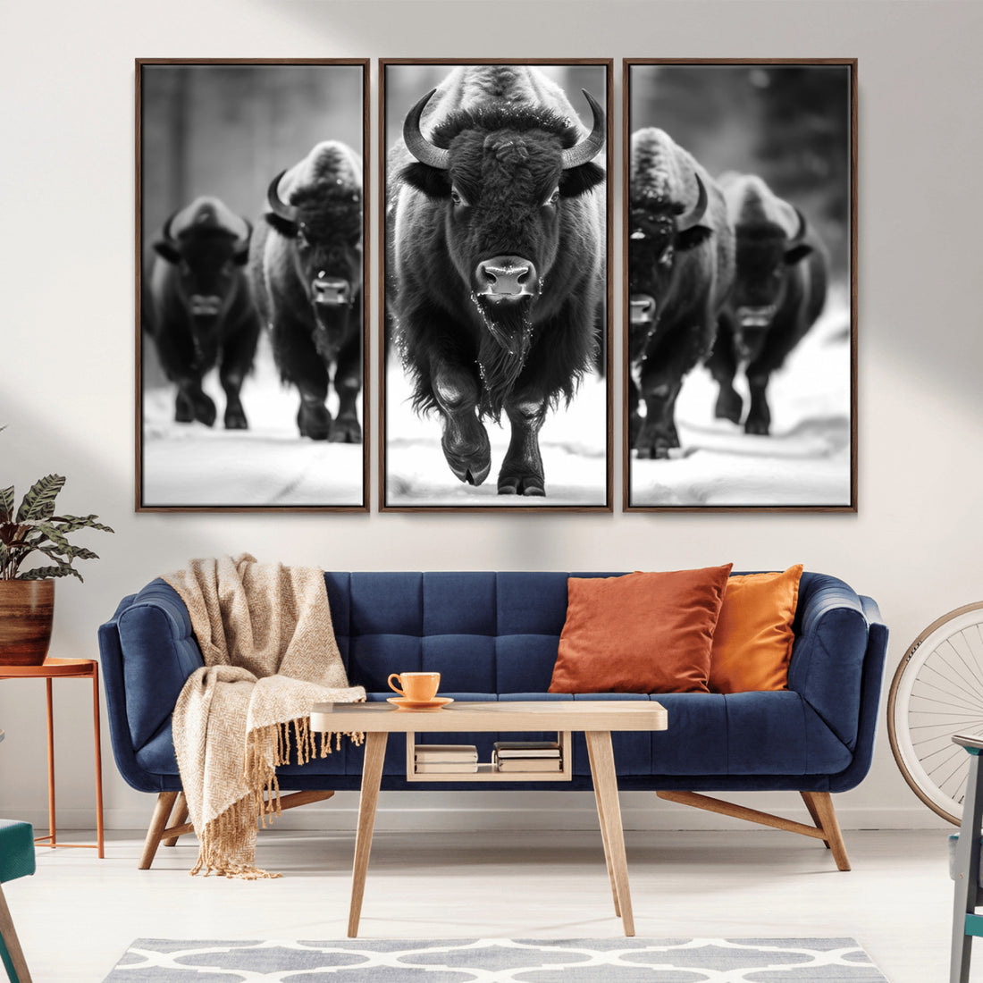 American Bison Art, Buffalo Herd Wall Art Canvas Print, Black and White