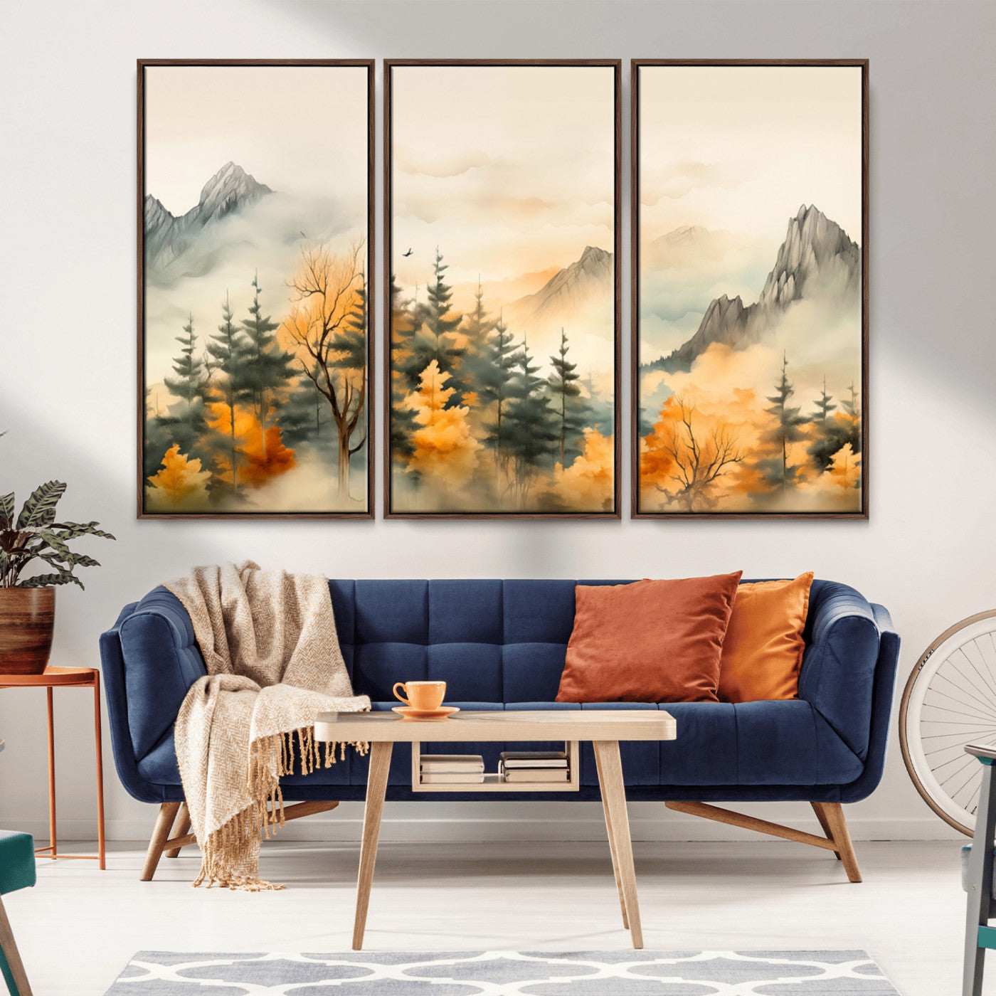MGV-FC-48X32-3P - Abstract Watercolor Mountains and Trees Autumn Art, Watercolor Mountains and Trees Canvas Print