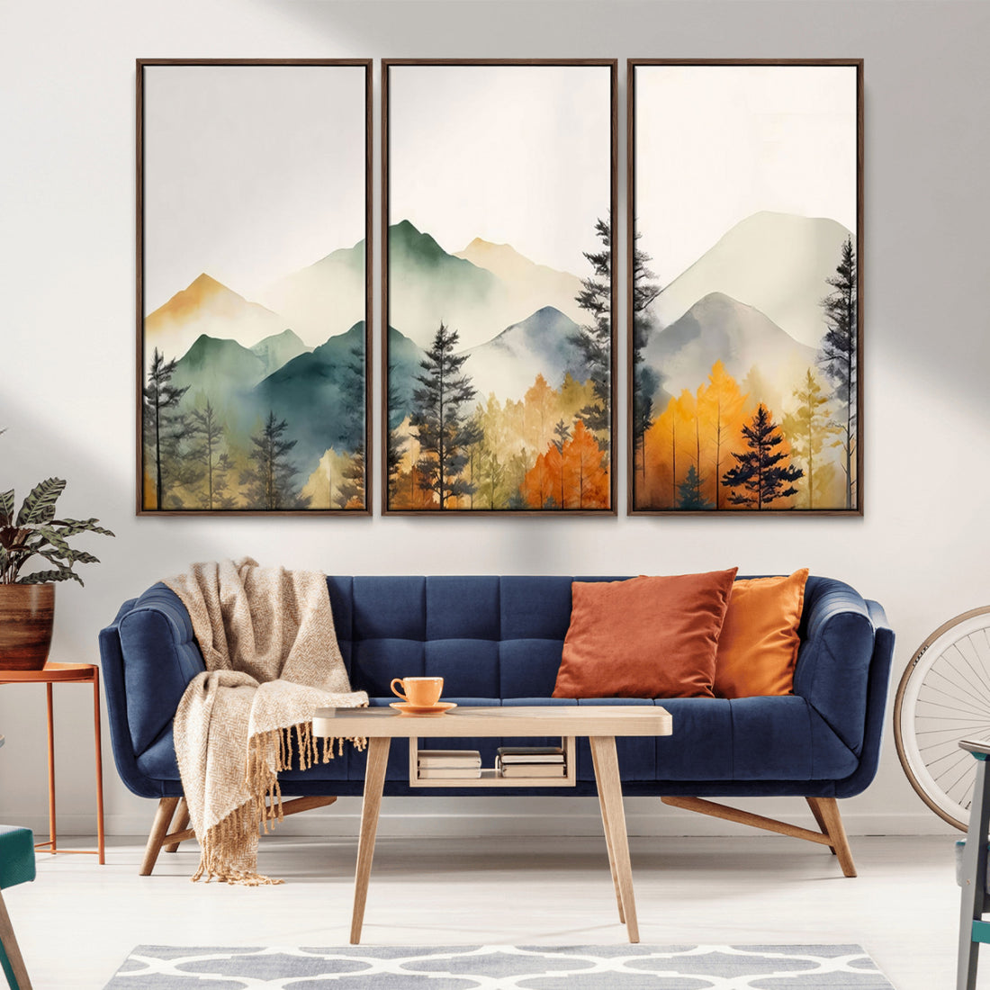 Abstract Watercolor Mountains and Trees Autumn Wall Art, Mountains and Trees Autumn Canvas Print