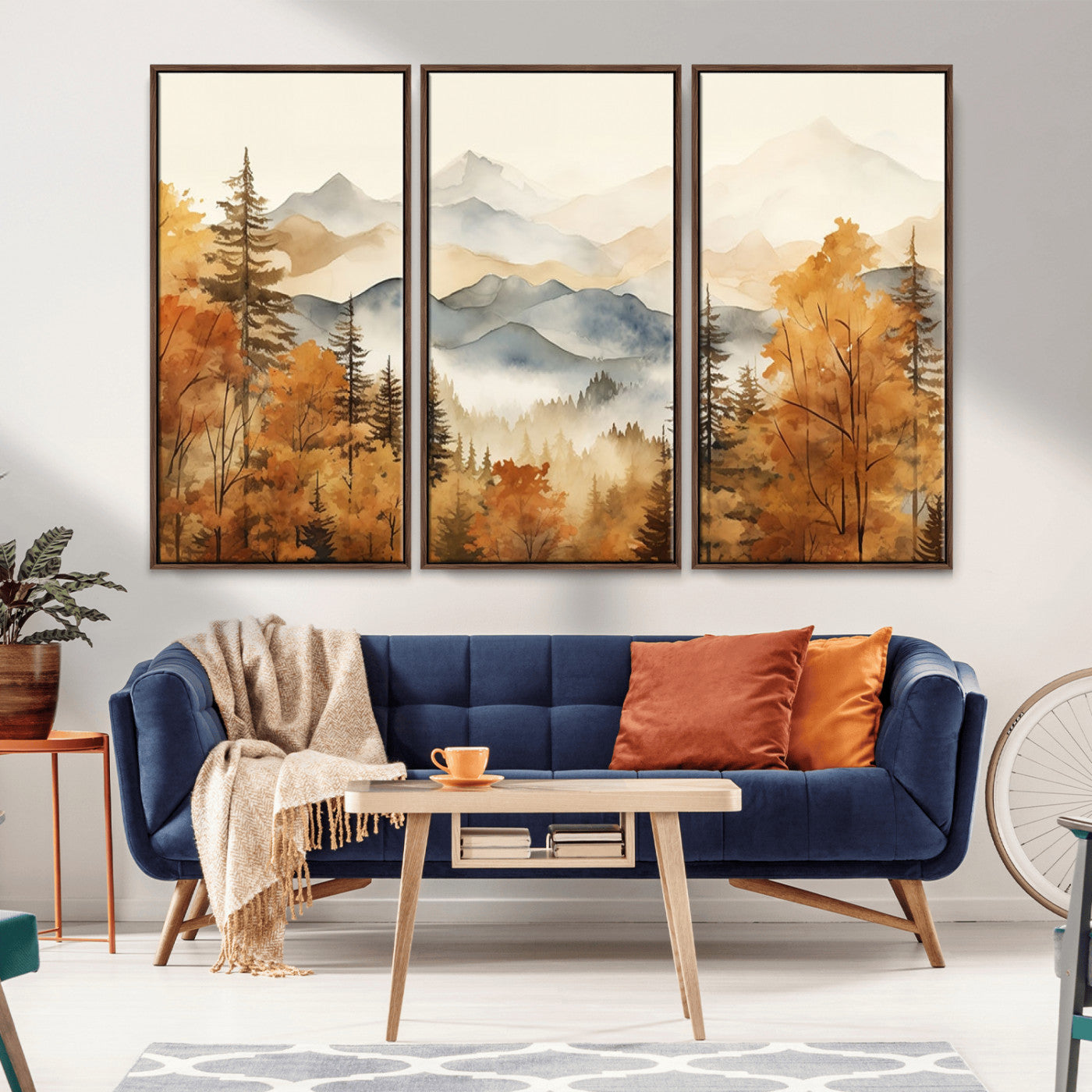 MGV-FC-48X32-3P - Golden Autumn Forest Wall Art | Mountain Landscape Canvas Print for Living Room or Bedroom | Large Wall Decor with Nature-Inspired Design