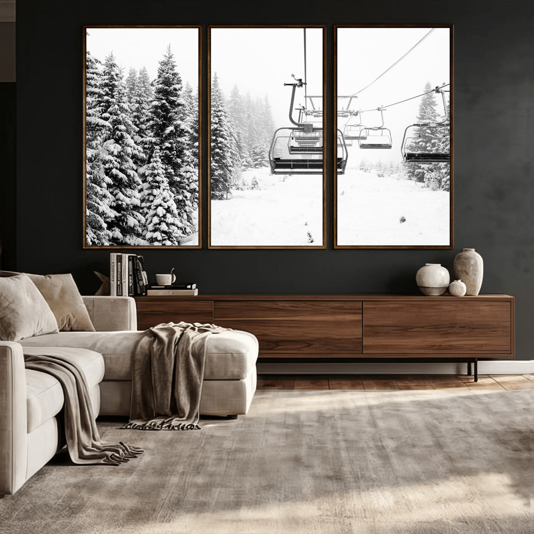 Winter Forest Wall Art Canvas Print | Framed Snowy Mountain with Ski Lift