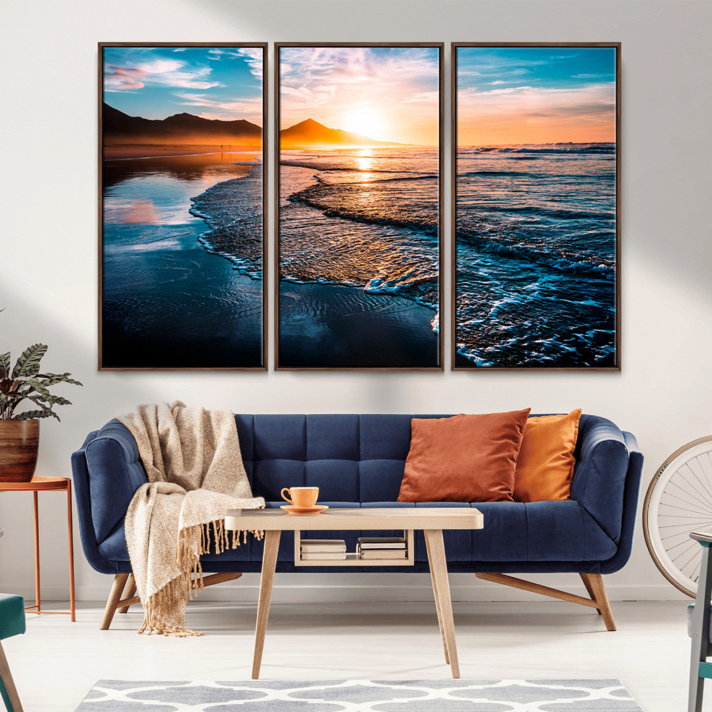 MGV-FC-48X32-3P - Sunset Beach Ocean Canvas Wall Art – Tranquil Ocean Reflections at Dusk – Ready to Hang