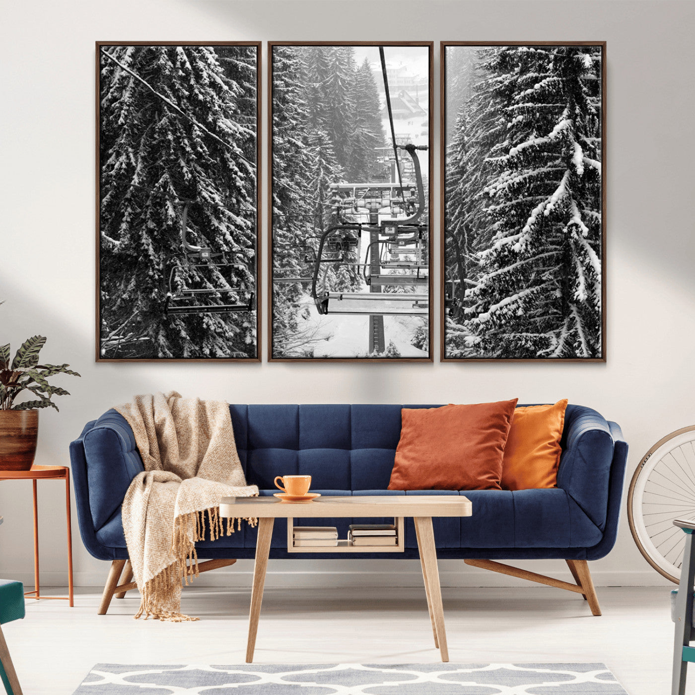 MGV-FC-48X32-3P - Winter Ski Lift Black and White Canvas Wall Art – Alpine Escape in Minimalist Style – Ready to Hang