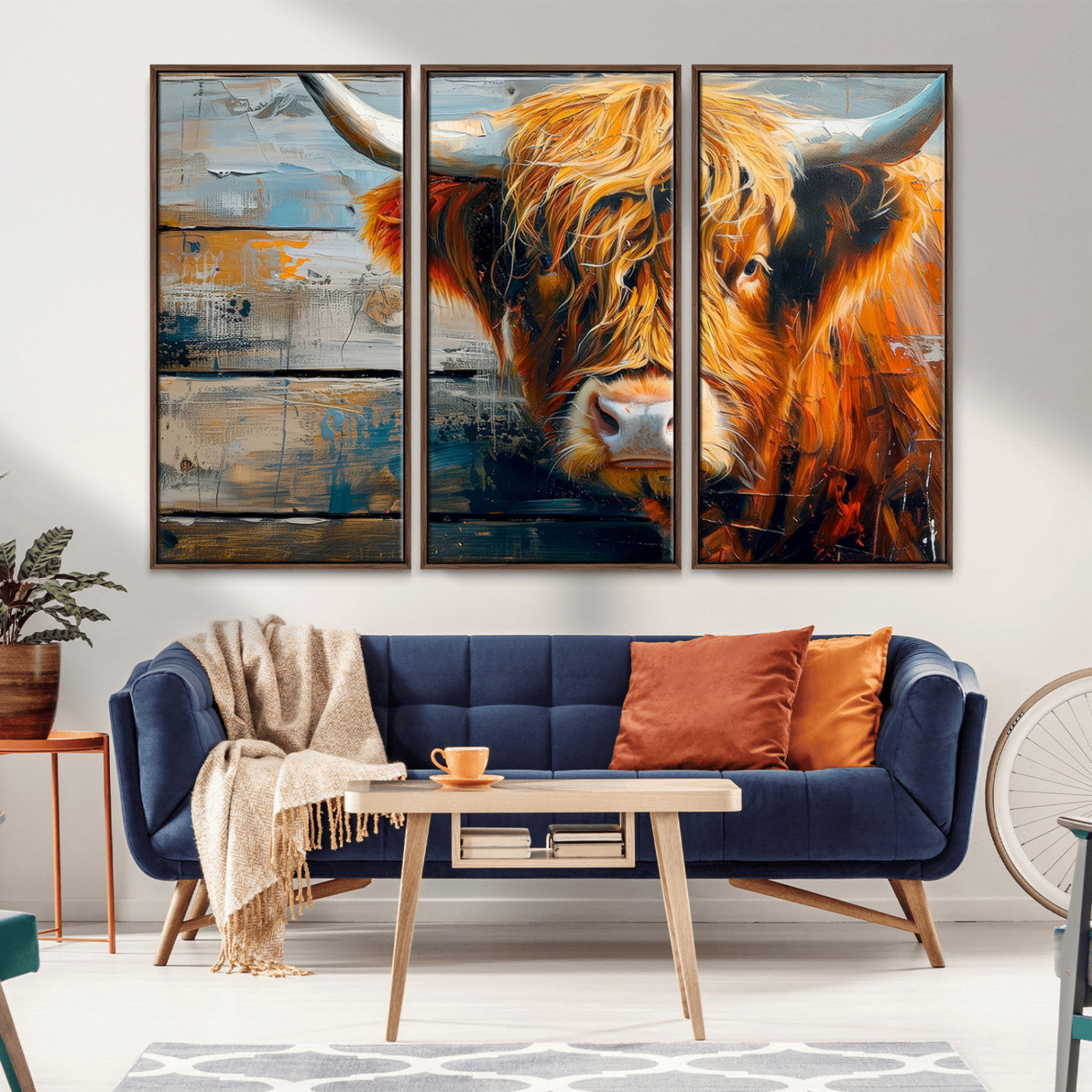 -Highland Cow Abstract Canvas Wall Art – Bold Farmhouse Rustic Decor – Ready to Hang