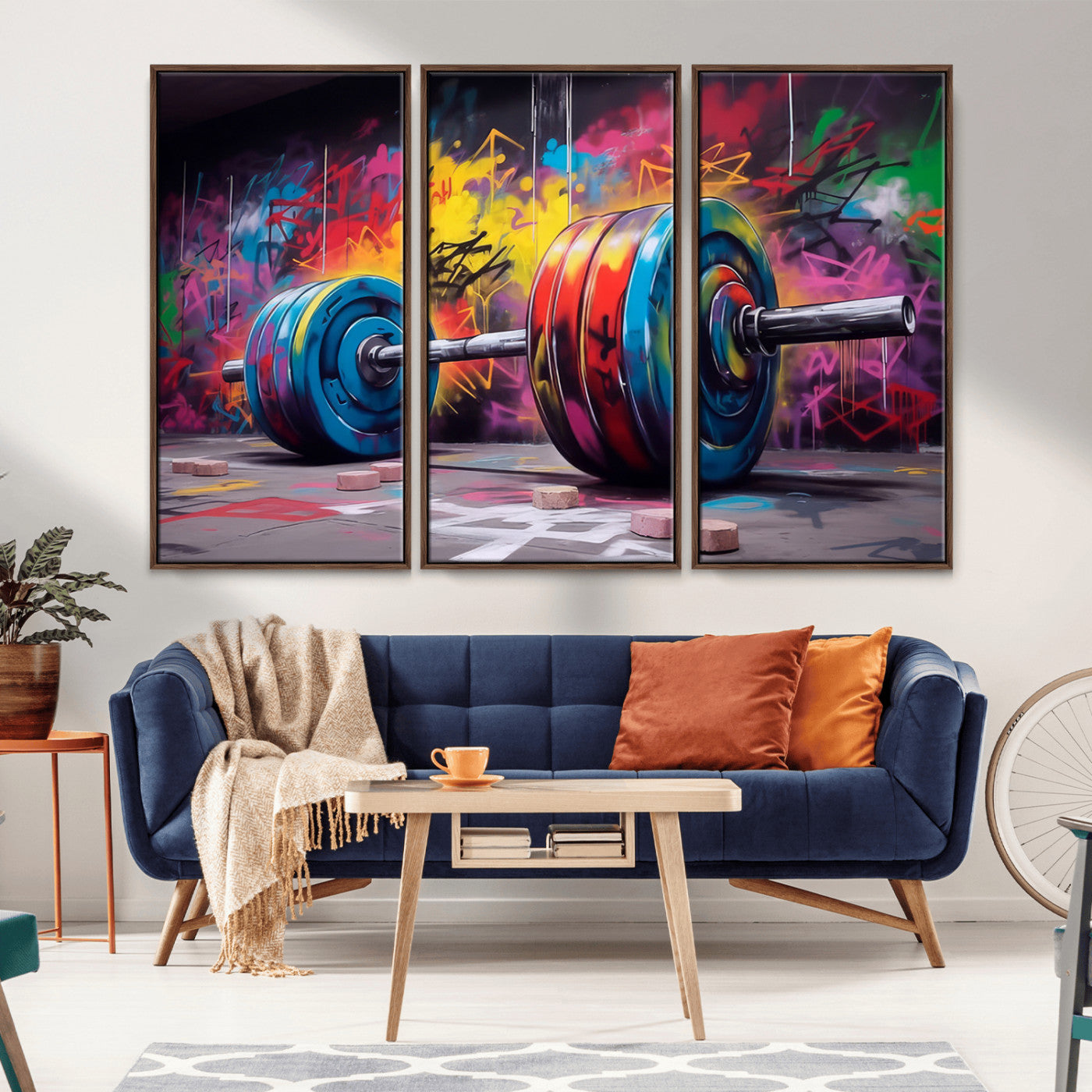 MGV-FC-48X32-3P - Abstract Graffiti Barbell Canvas Wall Art – Urban Fitness Meets Bold Street Art Print - Gym Wall Art Print