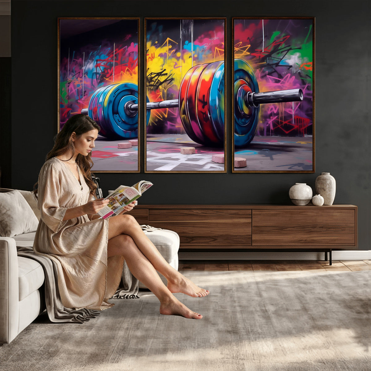 13549-MGV-CV-36X24 - Abstract Graffiti Barbell Canvas Wall Art | Urban Fitness Meets Bold Street Art