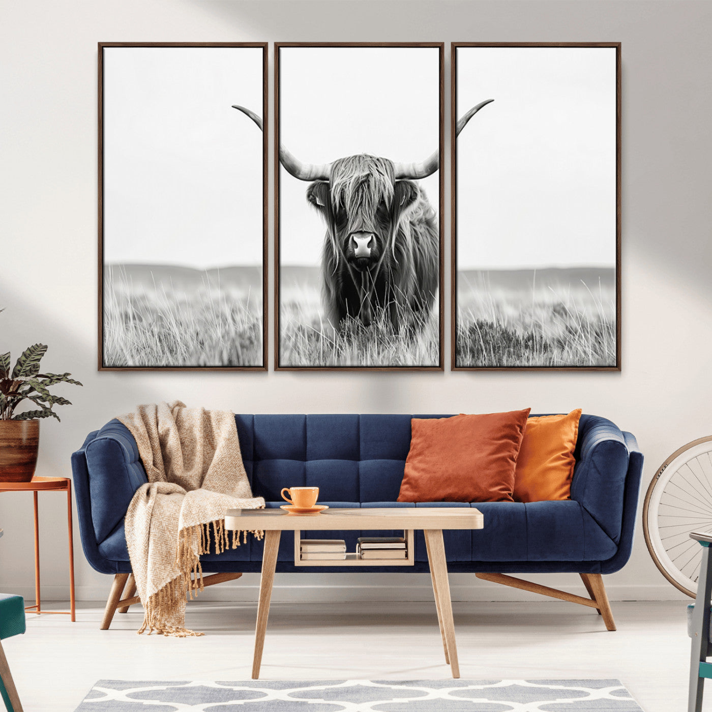 MGV-FC-48X32-3P - Highland Cow Canvas Wall Art – Majestic Beauty in Black and White – Ready to Hang