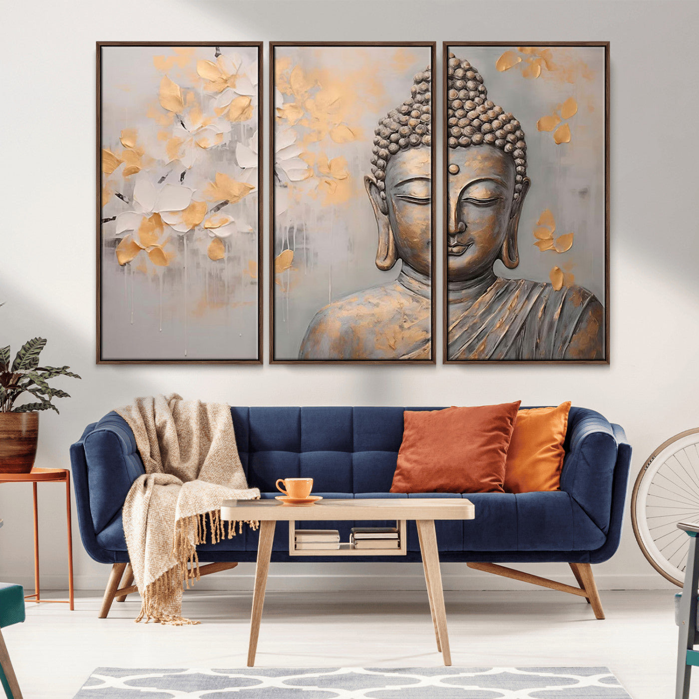 MGV-FC-48X32-3P - Abstract Buddha Statue Wall Art Canvas Print - Modern Meditation Decor for Living Room, Office, Yoga Studio Decor