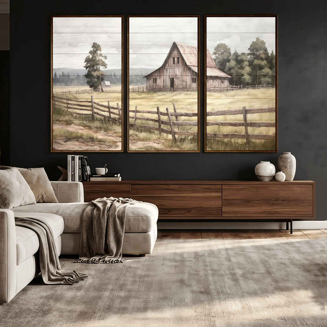 Rustic Farmhouse Barn Wall Art, 3-Panel Framed Gallery Wrap Canvas Print