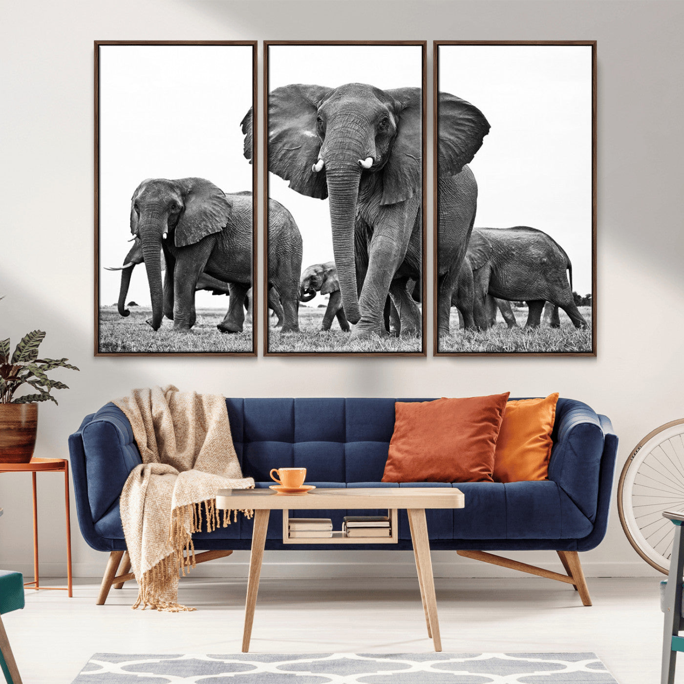 MGV-FC-48X32-3P - Black White Elephant Family Wall Art Canvas Print