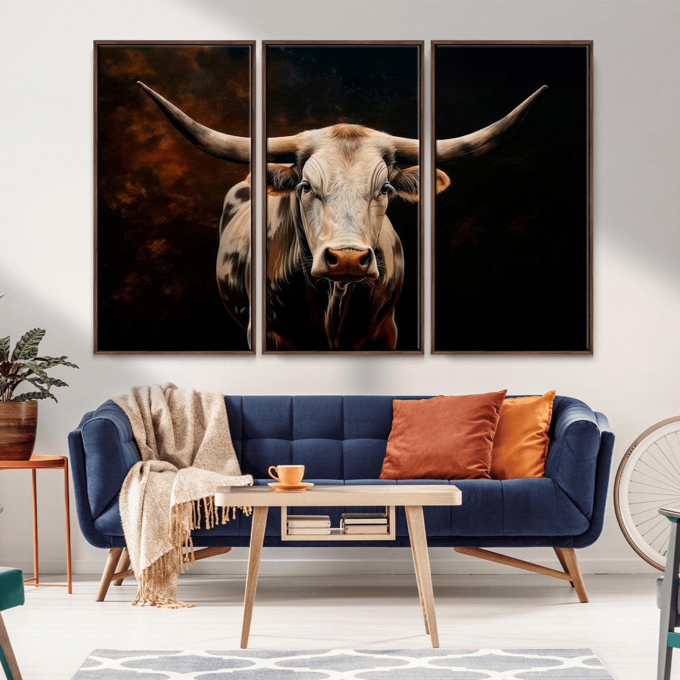 MGV-FC-48X32-3P - Texas Longhorn Wall Art | 3-Panel Large Texas Longhorn Canvas Print for Living Room, Office, or Farmhouse Decor | Framed Giclee Longhorn Wall Art
