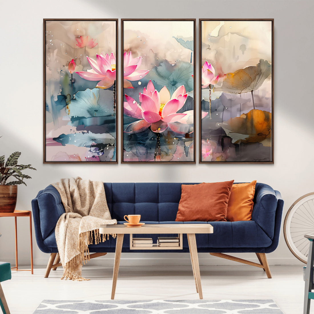 Lotus Flower Wall Art | 3 Panel Giclee Canvas Print of Pink Lotus Blossoms