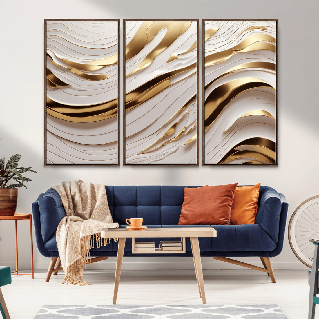 Gold and White Abstract Wave Canvas | Elegant Flowing Design with Golden Accents