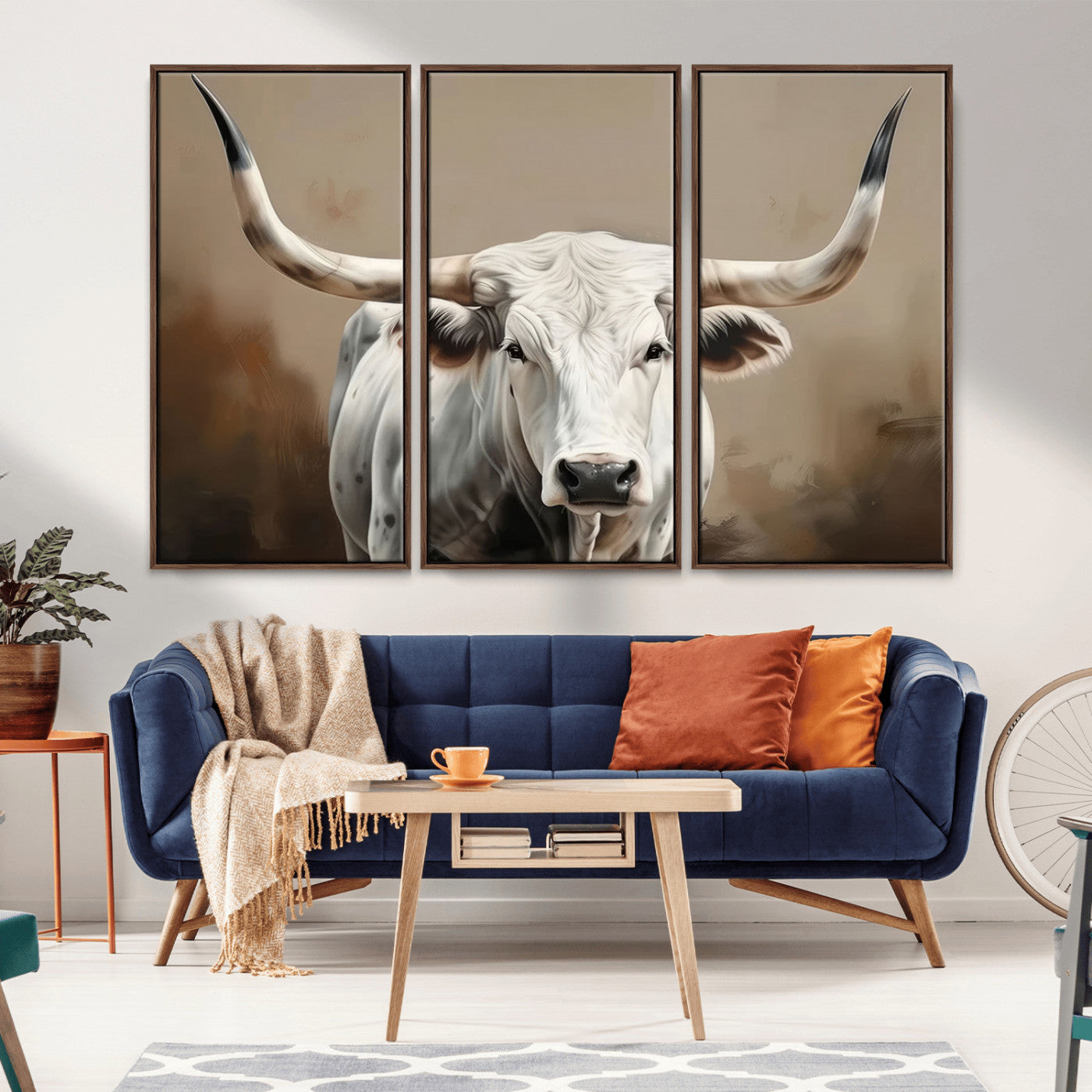 -White Longhorn Bull Wall Art Canvas Print – Framed and Ready to Hang – Perfect for Farmhouse and