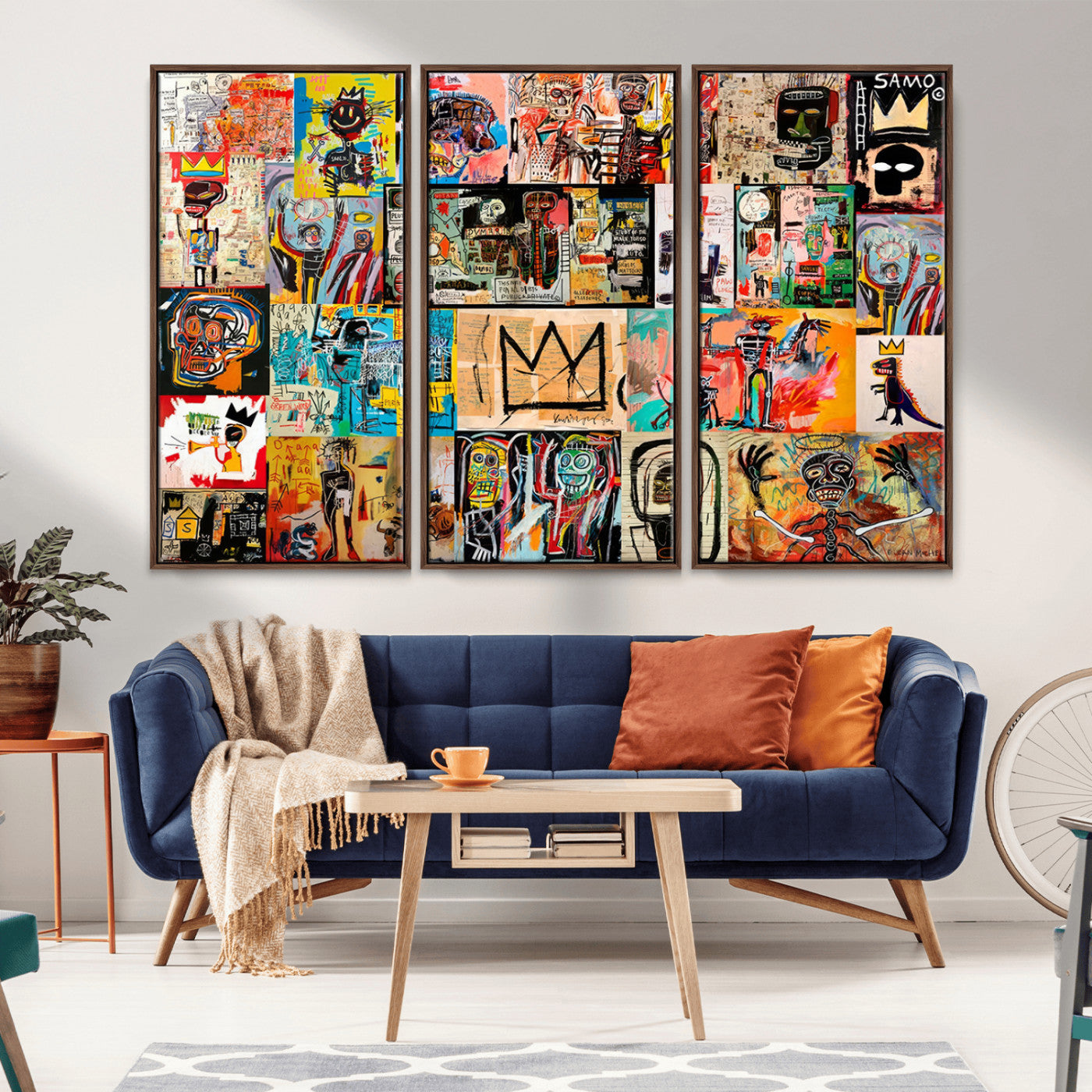 MGV-FC-48X32-3P - Basquiat Art Collage Wall Art Canvas Print – Framed, Ready to Hang, Urban Graffiti Style