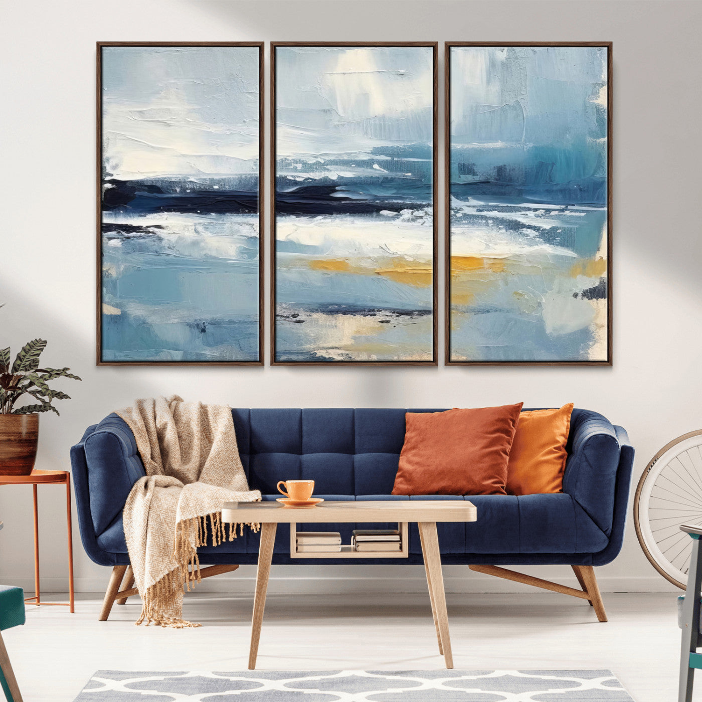 MGV-FC-48X32-3P - Abstract Ocean Canvas Wall Art - Coastal Blue and Gold Textured Painting, Modern Seascape Decor for Living Room Decor