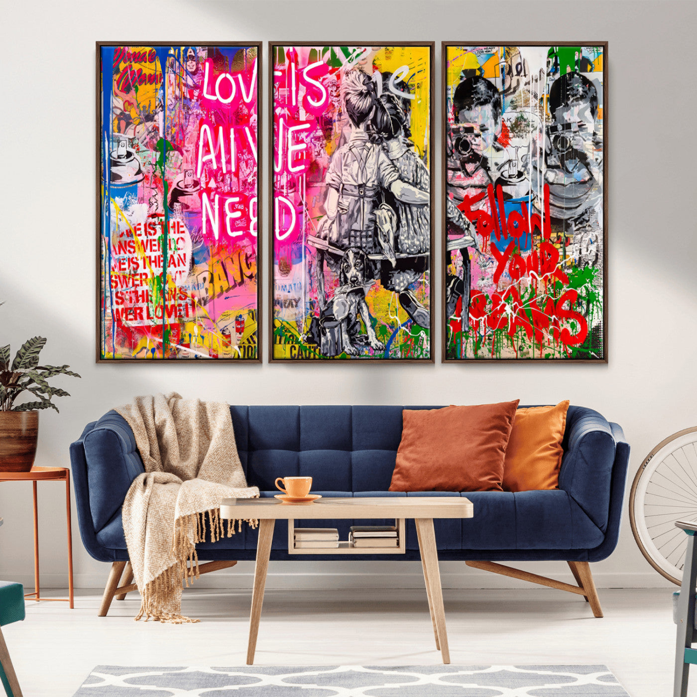 MGV-FC-48X32-3P - Follow Your Dreams & Love is All We Need Graffiti Street Art Triptych | 3-Panel Colorful Urban Wall Art for Living Room, Office, Loft Graffiti Wall Art Print