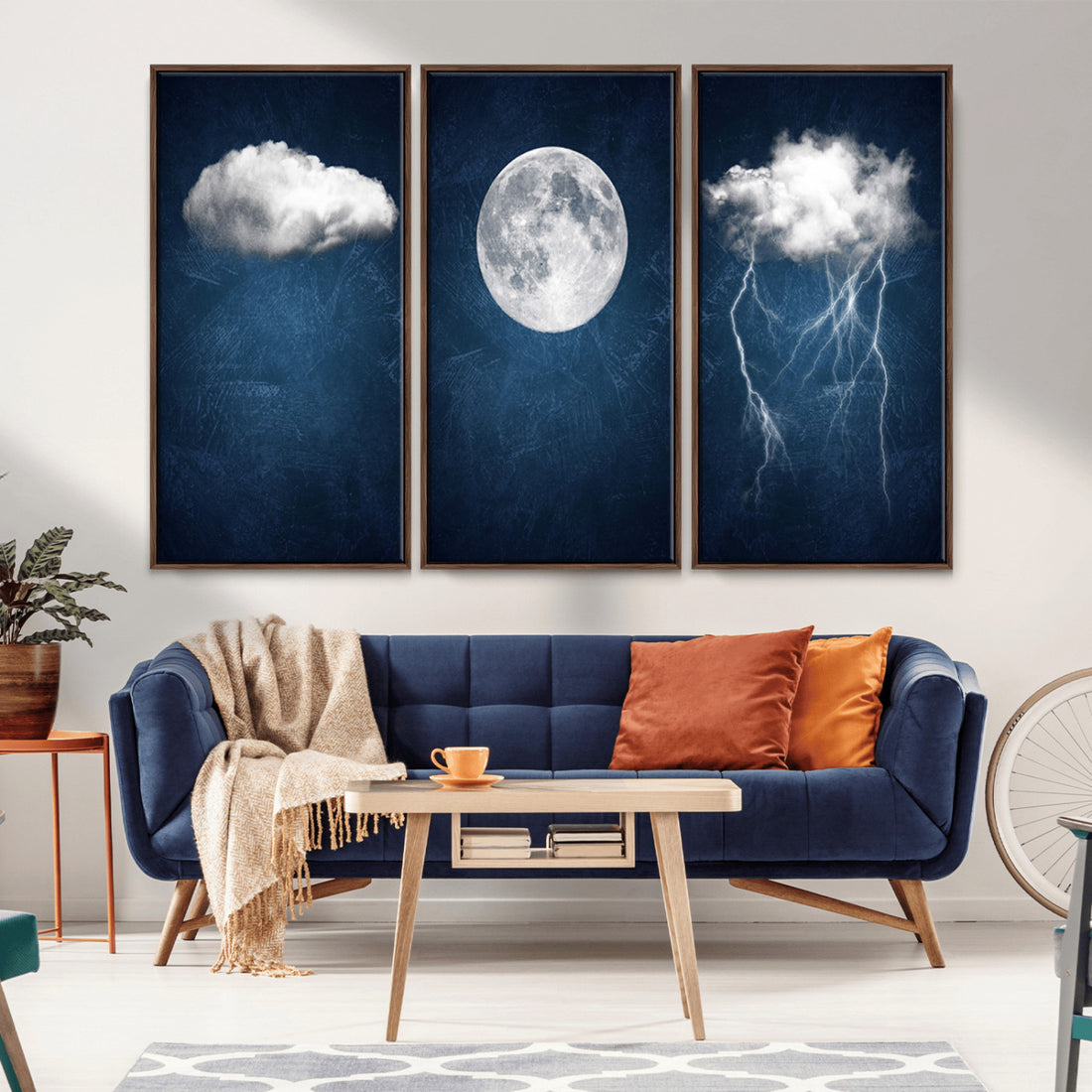 Dark Blue Cloud Art, 3 Piece Indigo Blue Wall Art, Aesthetic Surreal Thunderstorm Moon Cloud Art