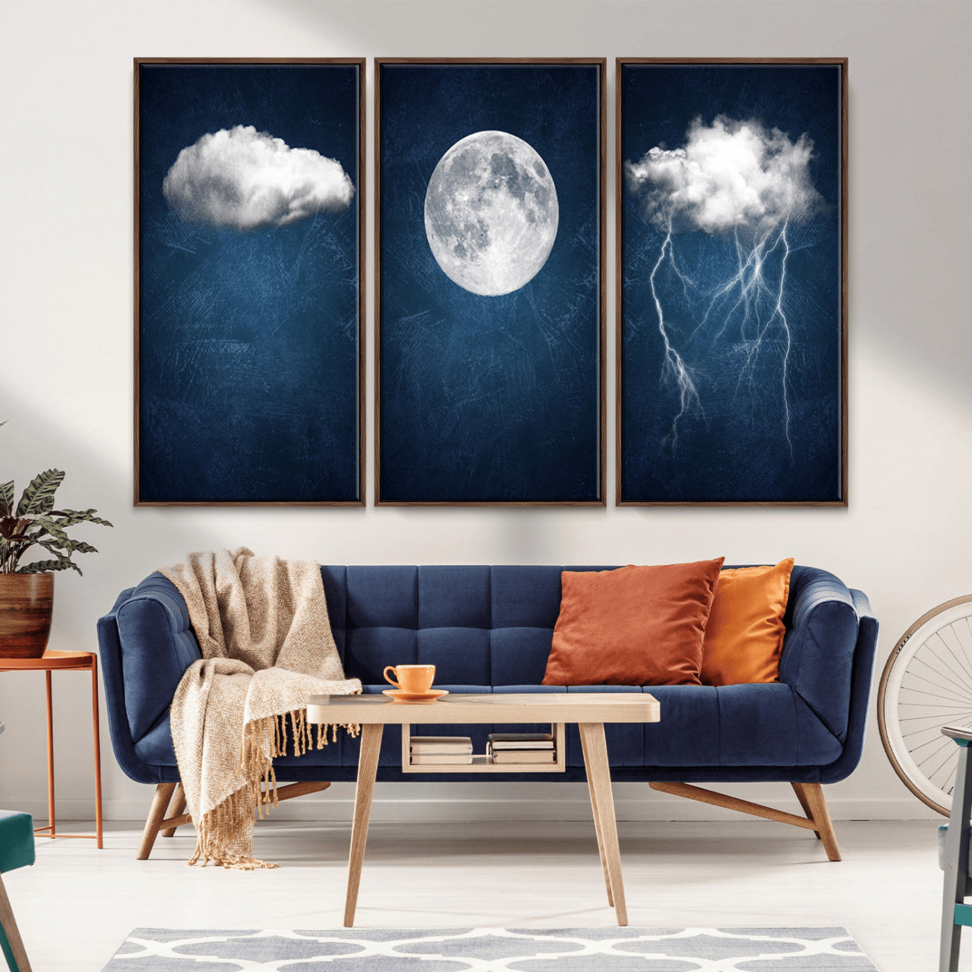 -Dark Blue Cloud Art, 3 Piece Indigo Blue Wall Art, Aesthetic Surreal Art, Thunderstorm Moon Cloud