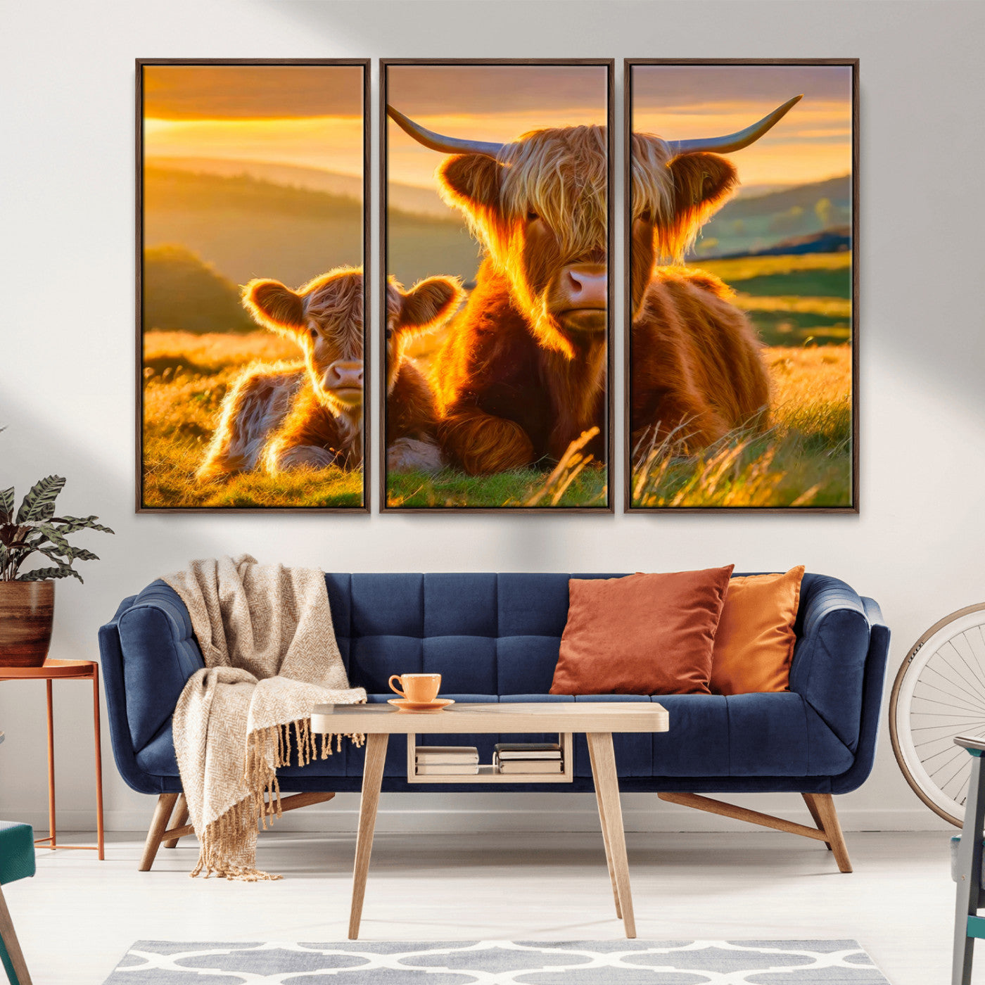 -Scottish Cow and Baby Cow Canvas Wall Art Animal Print Fluffy Cattle Framed Farmhouse Decor