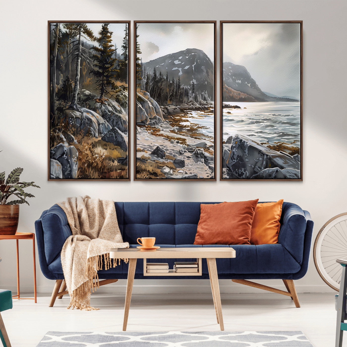 -Serene Coastal View of Acadia National Park - Stunning 3-Panel Wall Art Canvas Print, Framed, Ready