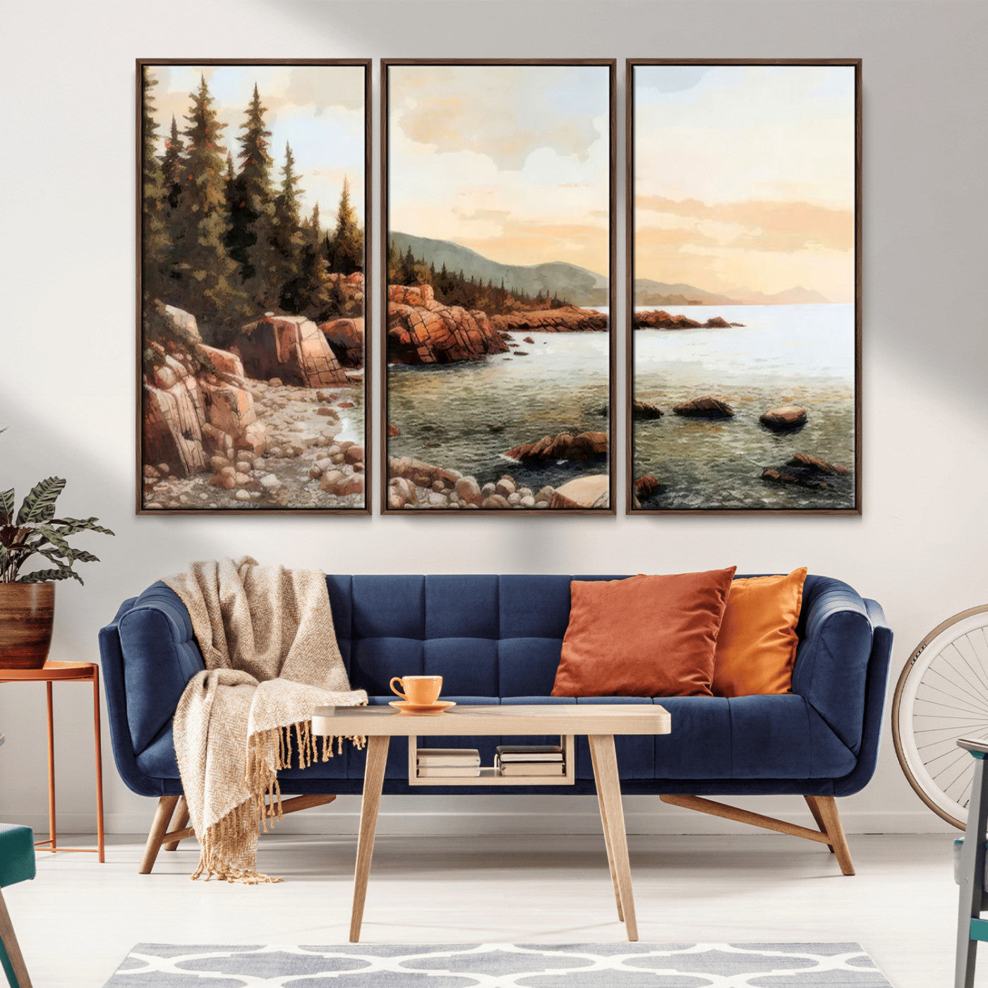 MGV-FC-48X32-3P - Serene Coastal View of Acadia National Park Wall Art - Stunning 3-Panel Wall Art Canvas Print, Framed, Ready to Hang