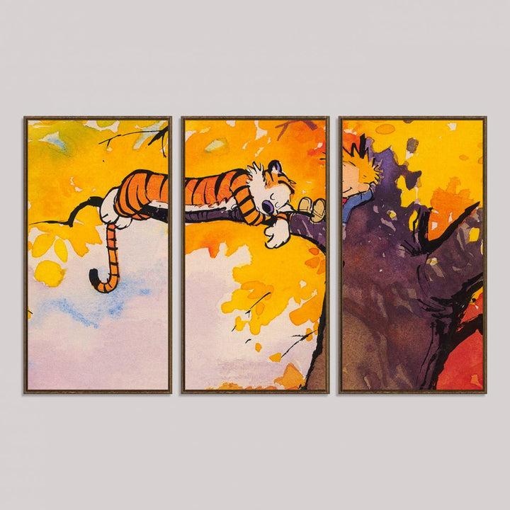 Premium canvas Calvin Wall Arts featuring a boy and tiger relaxing on a branch.